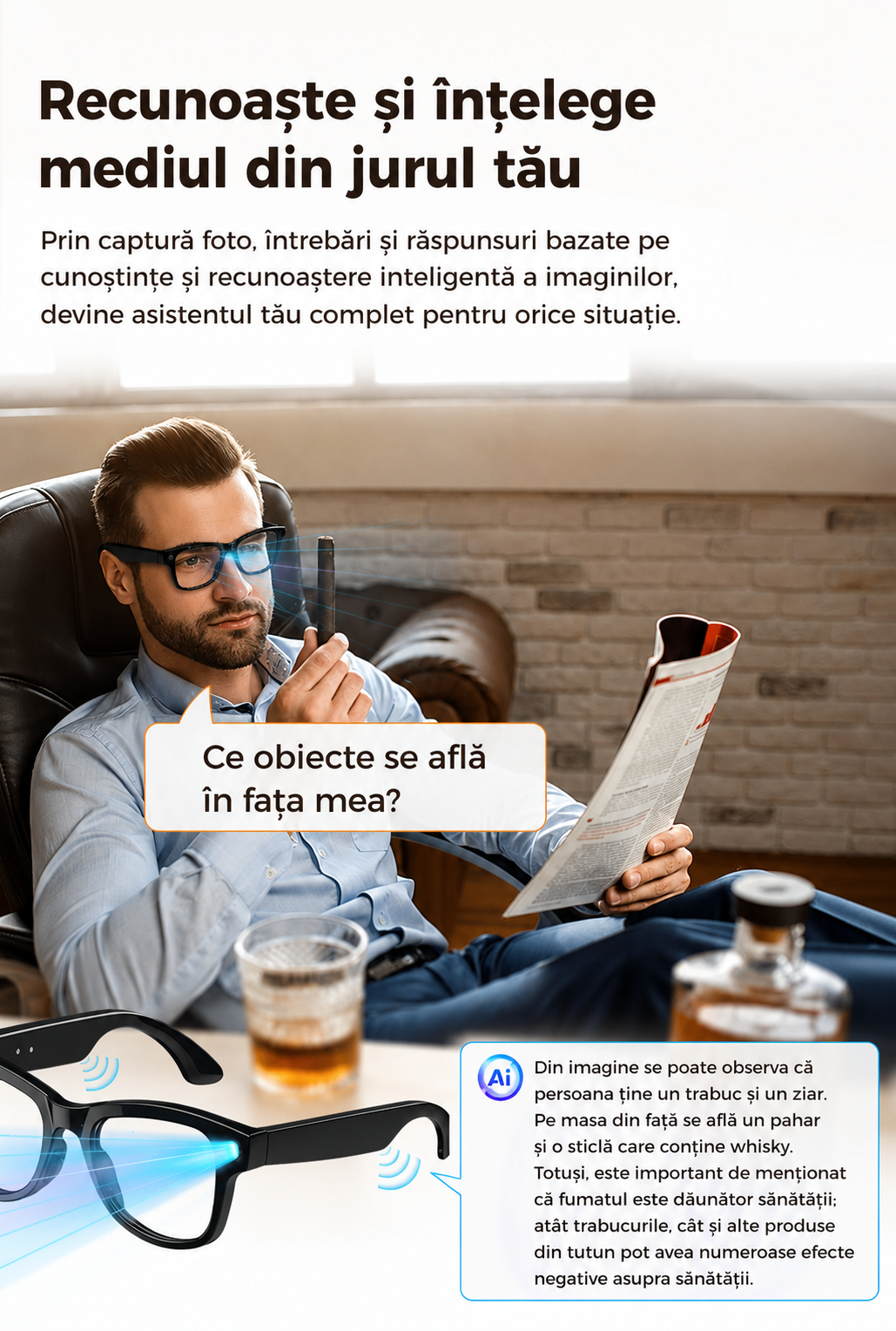 Ochelari Inteligenti AI GBV Logic GS 5MAX cu husa de incarcare, Camera Sony 8MP 4K HD, Traducere in Timp Real, Asistent AI, Apeluri Bluetooth 5.3, Microfon Dual, Lentile Fotocromatice, Husa Power Bank 3600mAh, IP54