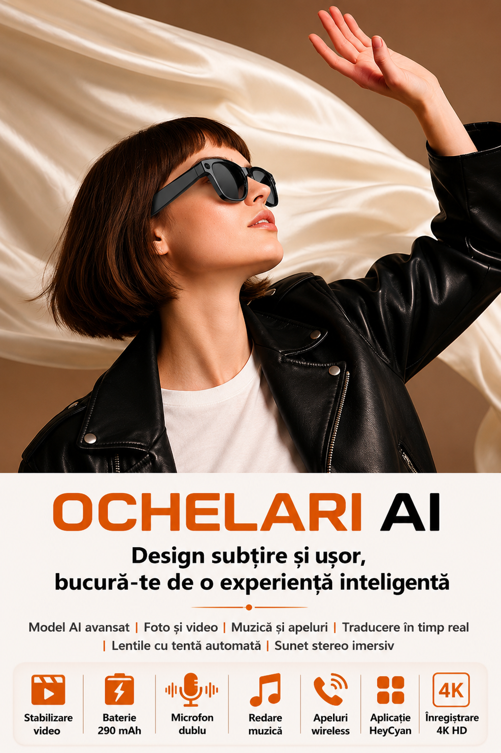 Ochelari Inteligenti AI GBV Logic GS 5MAX cu husa de incarcare, Camera Sony 8MP 4K HD, Traducere in Timp Real, Asistent AI, Apeluri Bluetooth 5.3, Microfon Dual, Lentile Fotocromatice, Husa Power Bank 3600mAh, IP54