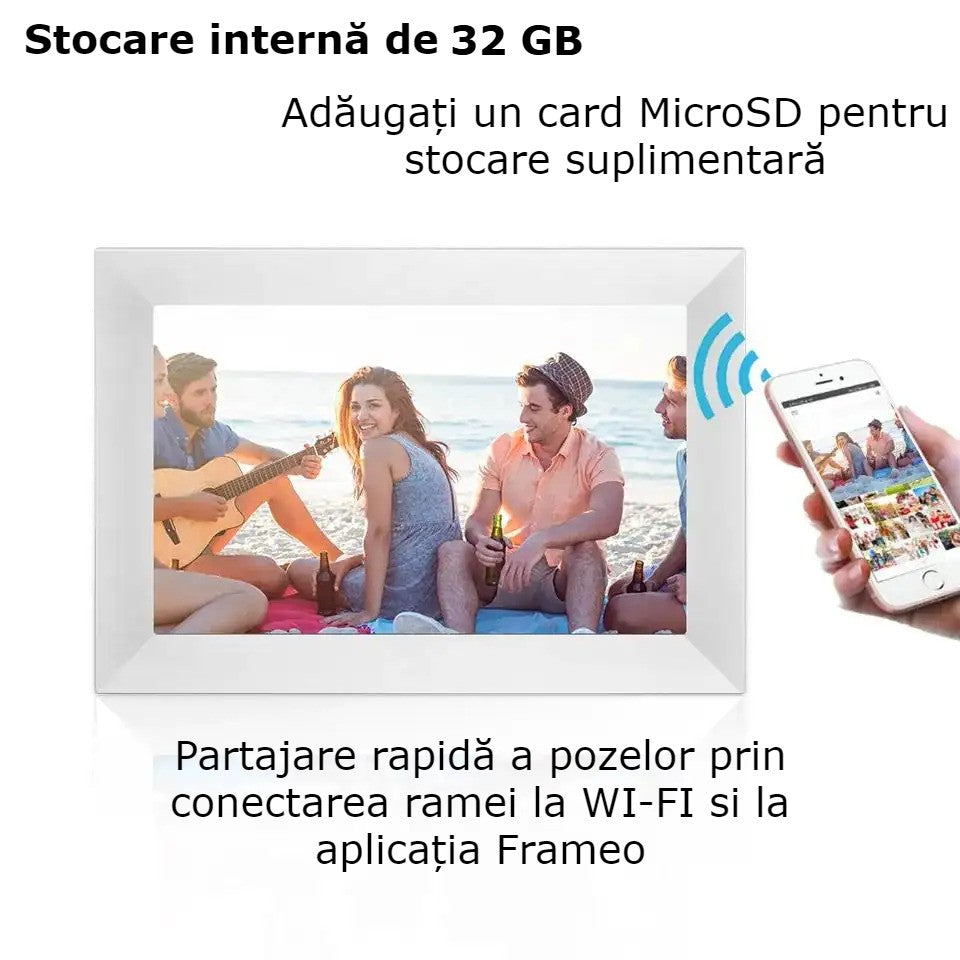 Rama Foto Digitala WiFi GBV LOGIC Alba, Aplicatie Frameo, Ecran Tactil IPS HD 10.1 Inch (25,65 cm), Memorie 32GB, Redare Video, 2 Difuzoare