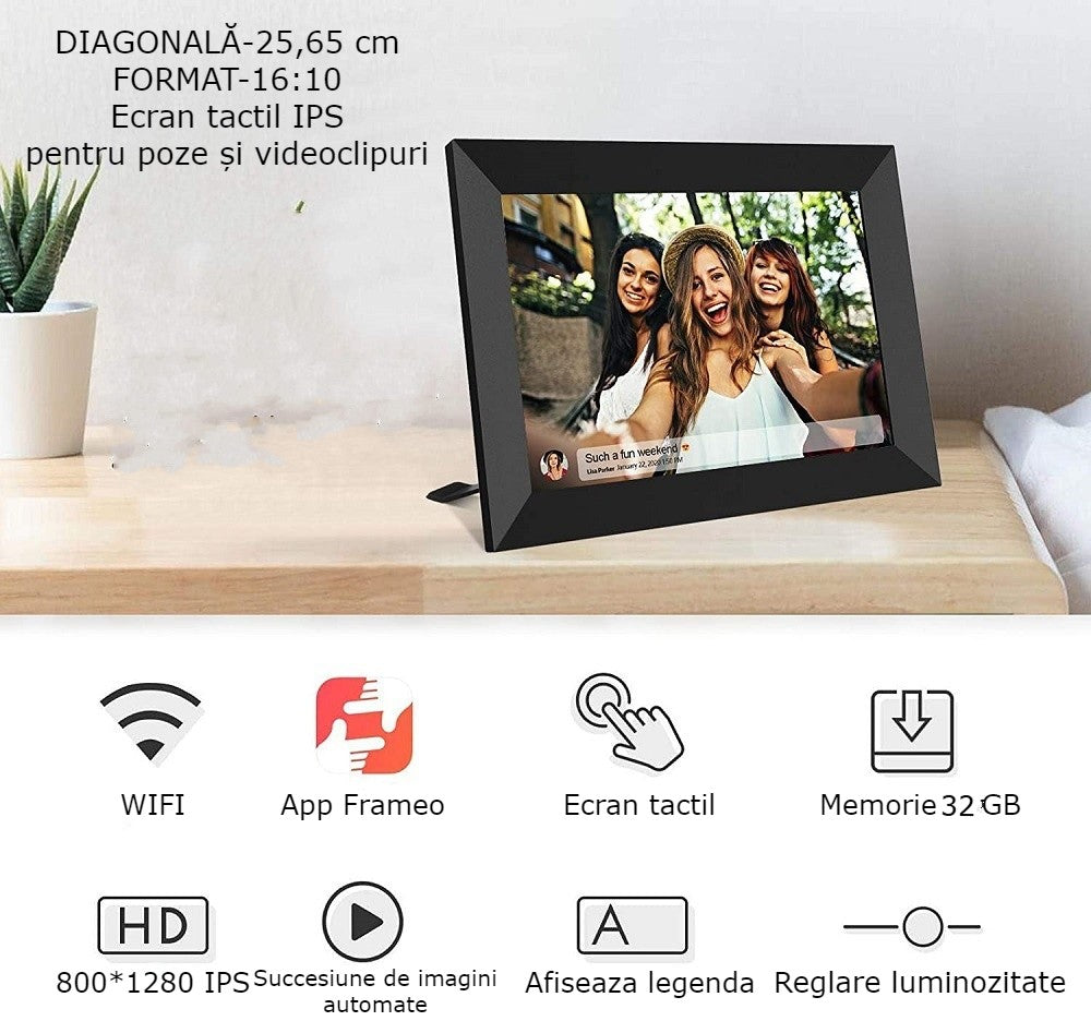 Rama Foto Digitala WiFi GBV LOGIC Alba, Aplicatie Frameo, Ecran Tactil IPS HD 10.1 Inch (25,65 cm), Memorie 32GB, Redare Video, 2 Difuzoare