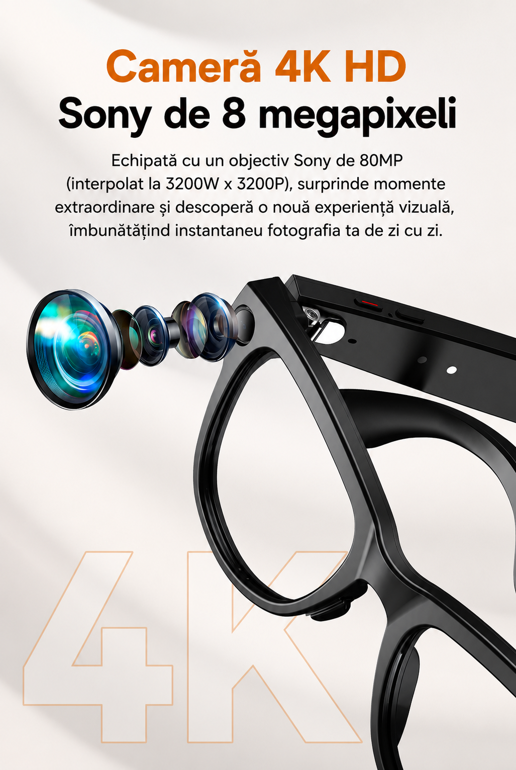 Ochelari Inteligenti AI GBV Logic GS 5MAX cu husa de incarcare, Camera Sony 8MP 4K HD, Traducere in Timp Real, Asistent AI, Apeluri Bluetooth 5.3, Microfon Dual, Lentile Fotocromatice, Husa Power Bank 3600mAh, IP54