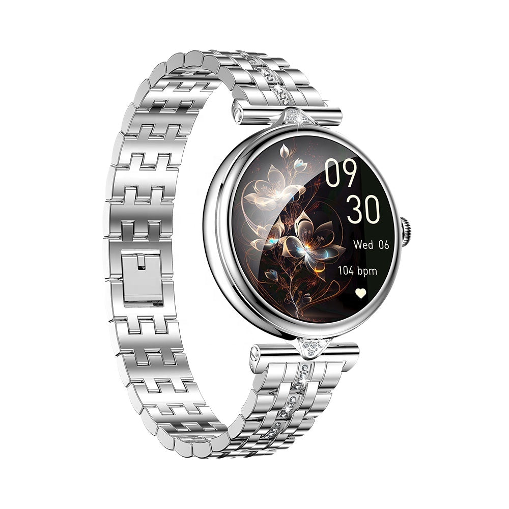 Smartwatch dama GBV Logic AK73, argintiu, ecran AMOLED 1.28 inch (32mm), Monitorizare puls, Oxigen Sange, Somn, 2 Curele