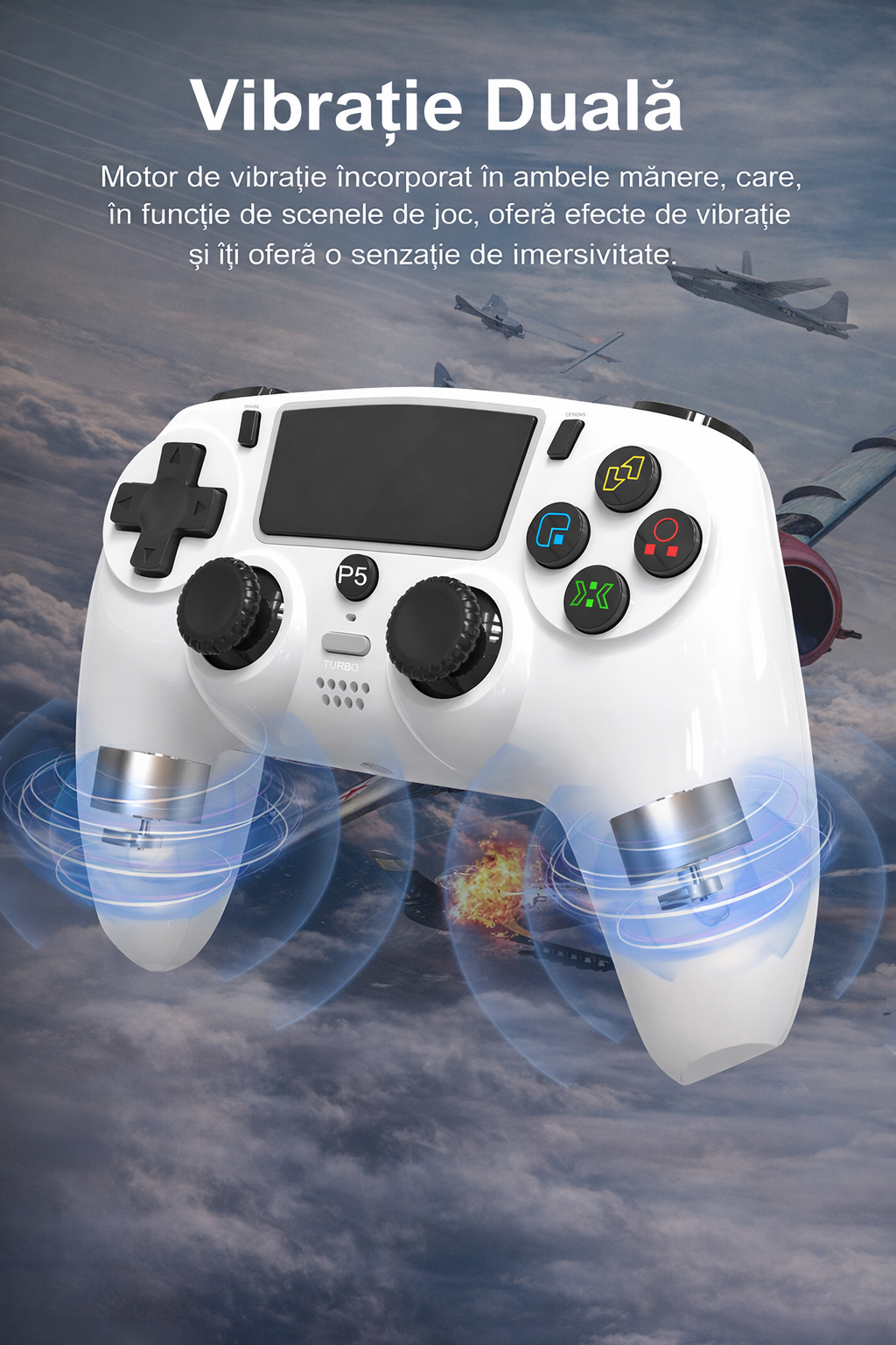 Controller PS5 Wireless GBV Logic Negru, Gamepad Gaming cu Vibratie Dubla, Functie Turbo, LED RGB, Compatibil PS5 si PC, Baterie 600mAh