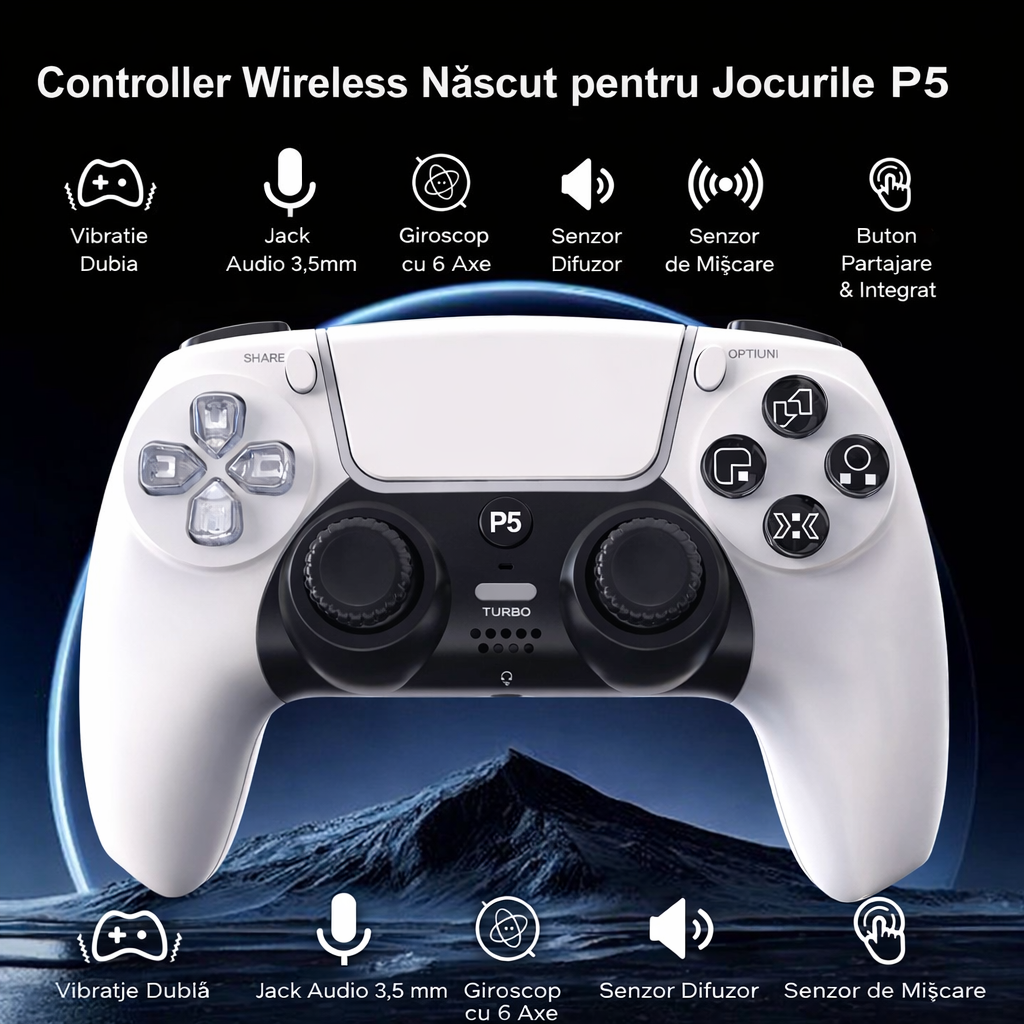 Controller PS5 Wireless GBV Logic Negru, Gamepad Gaming cu Vibratie Dubla, Functie Turbo, LED RGB, Compatibil PS5 si PC, Baterie 600mAh