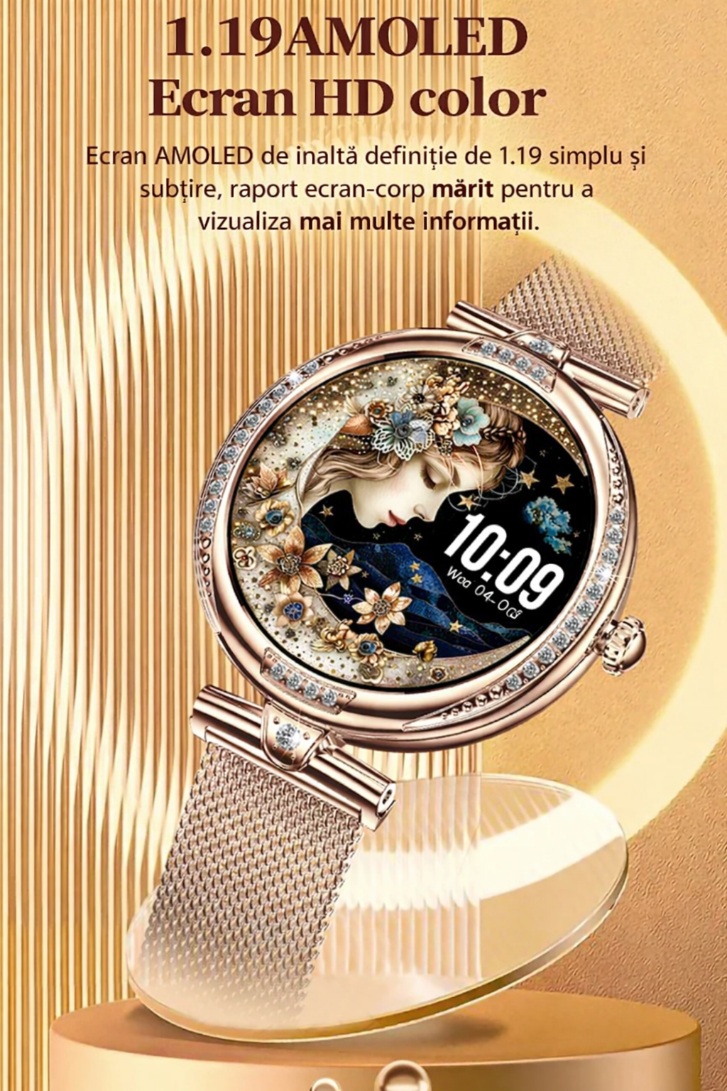 Smartwatch dama GBV Logic S333,cu 3 Curele Incluse, Ecran AMOLED 30mm, Monitorizare Puls, Somn,Oxigen, Fitness, Bluetooth,