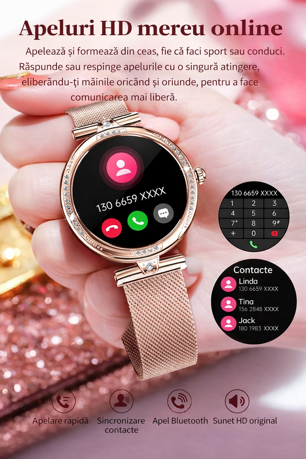 Smartwatch dama GBV Logic S333,cu 3 Curele Incluse, Ecran AMOLED 30mm, Monitorizare Puls, Somn,Oxigen, Fitness, Bluetooth,