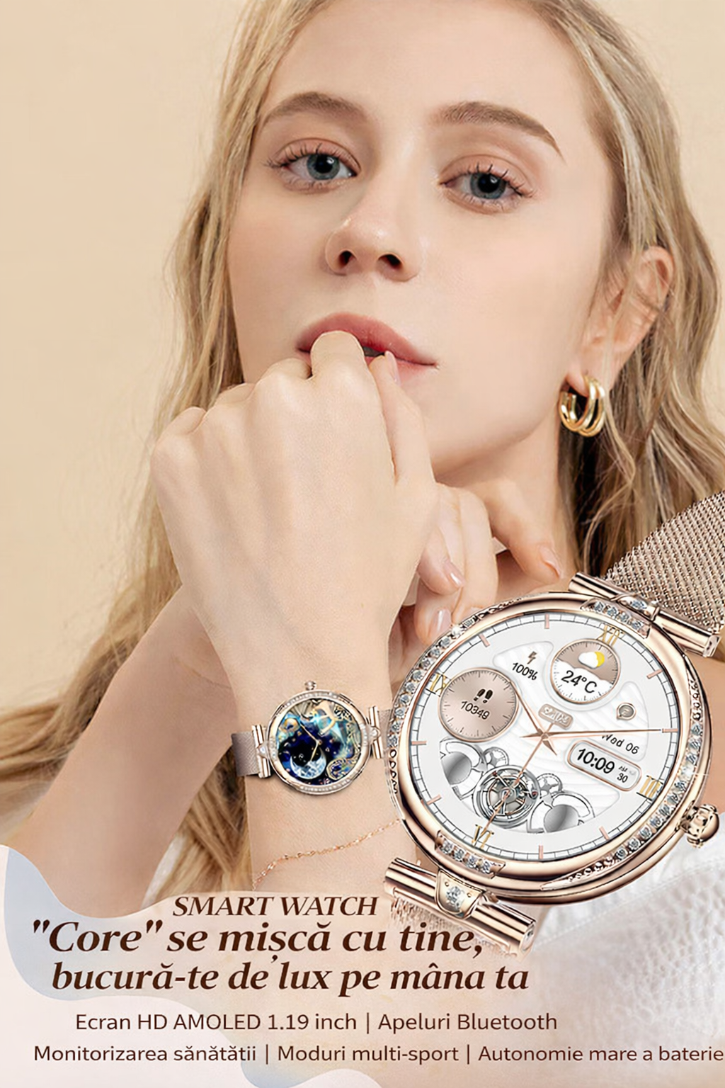 Smartwatch dama GBV Logic S333,cu 3 Curele Incluse, Ecran AMOLED 30mm, Monitorizare Puls, Somn,Oxigen, Fitness, Bluetooth,