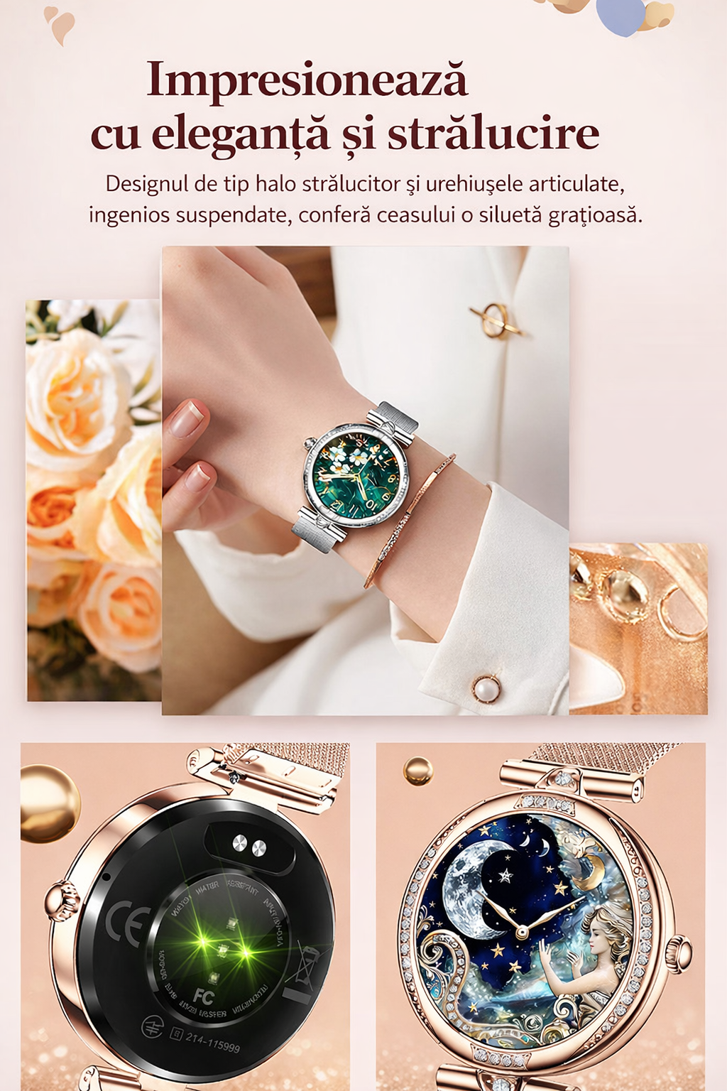 Smartwatch dama GBV Logic S333,cu 3 Curele Incluse, Ecran AMOLED 30mm, Monitorizare Puls, Somn,Oxigen, Fitness, Bluetooth,
