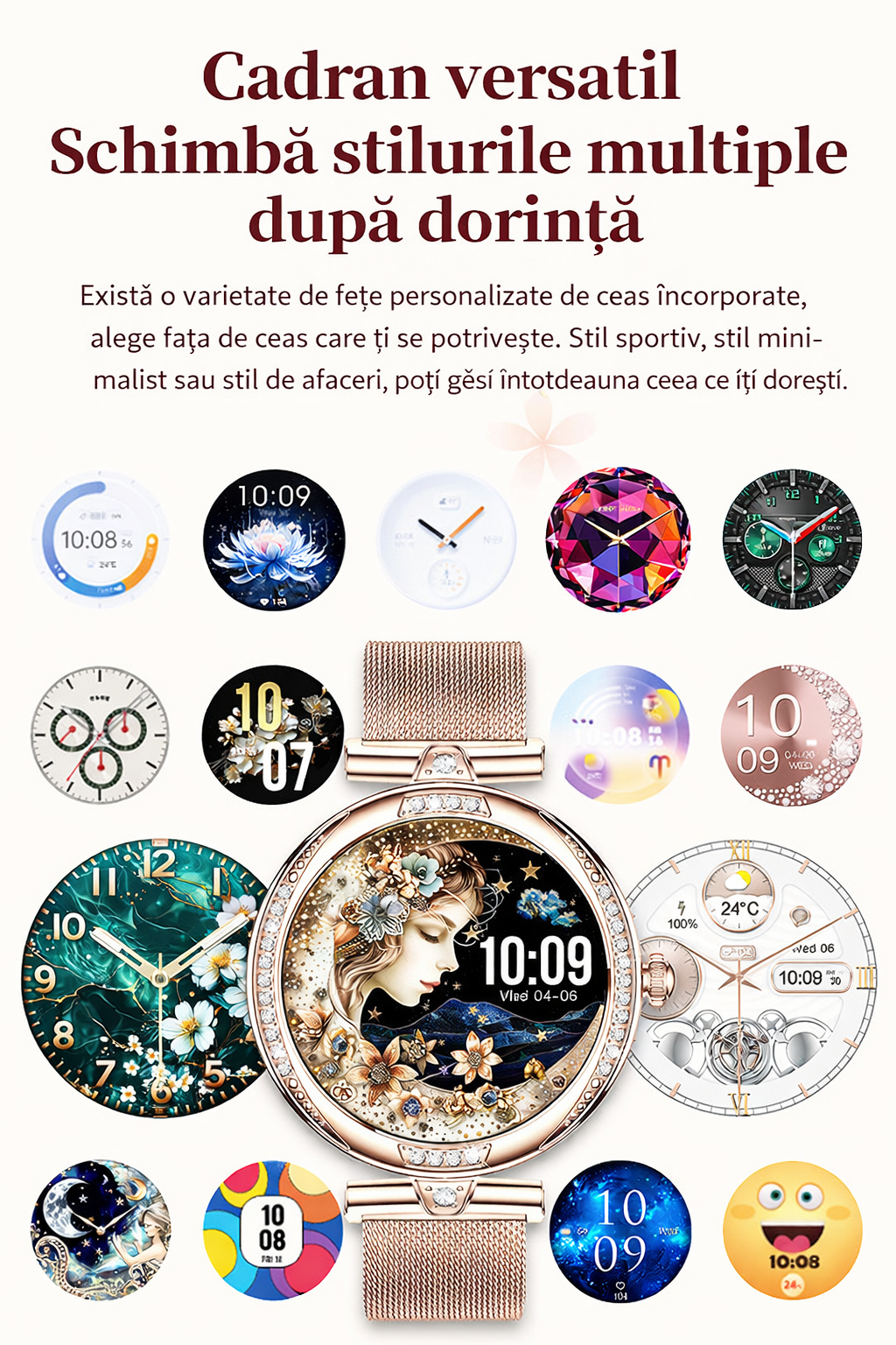 Smartwatch dama GBV Logic S333,cu 3 Curele Incluse, Ecran AMOLED 30mm, Monitorizare Puls, Somn,Oxigen, Fitness, Bluetooth,