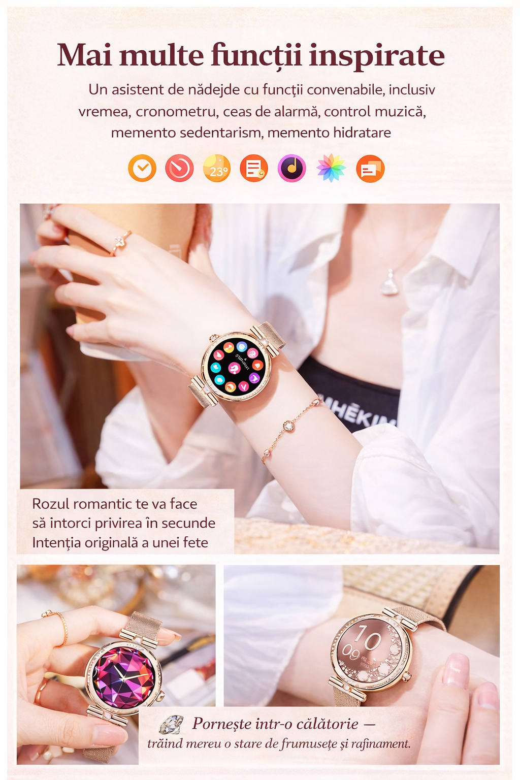 Smartwatch dama GBV Logic S333,cu 3 Curele Incluse, Ecran AMOLED 30mm, Monitorizare Puls, Somn,Oxigen, Fitness, Bluetooth,