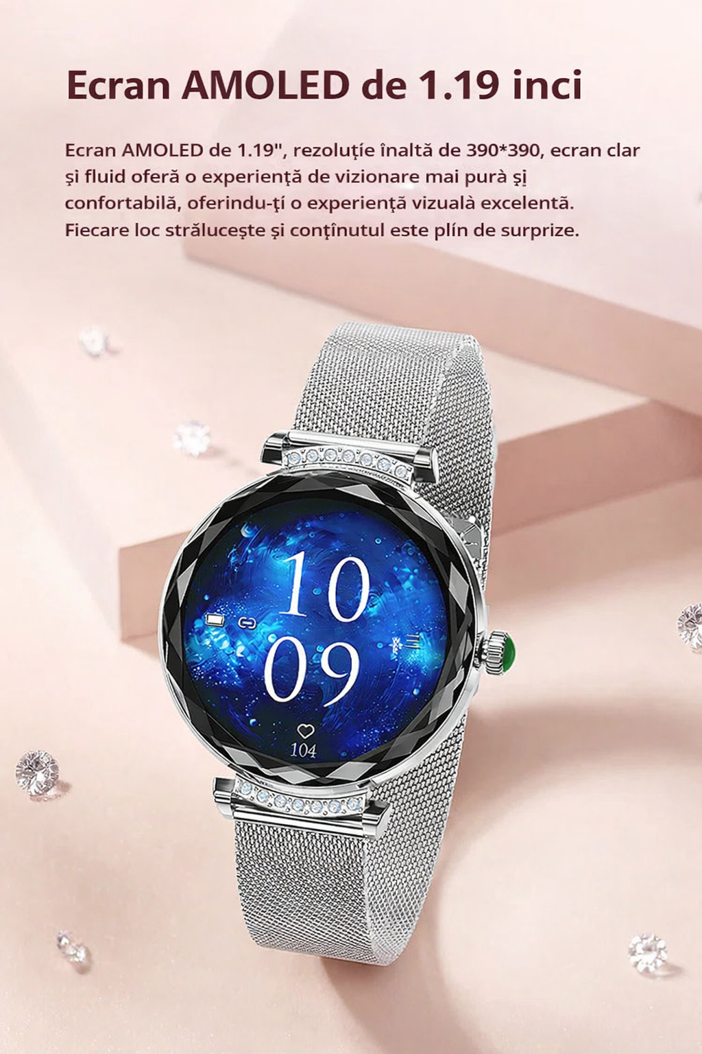 Smartwatch Dama GBV Logic S336,3 Curele Incluse, Ecran AMOLED 30mm, Monitorizare Puls, Somn,Oxigen, Fitness, Bluetooth,