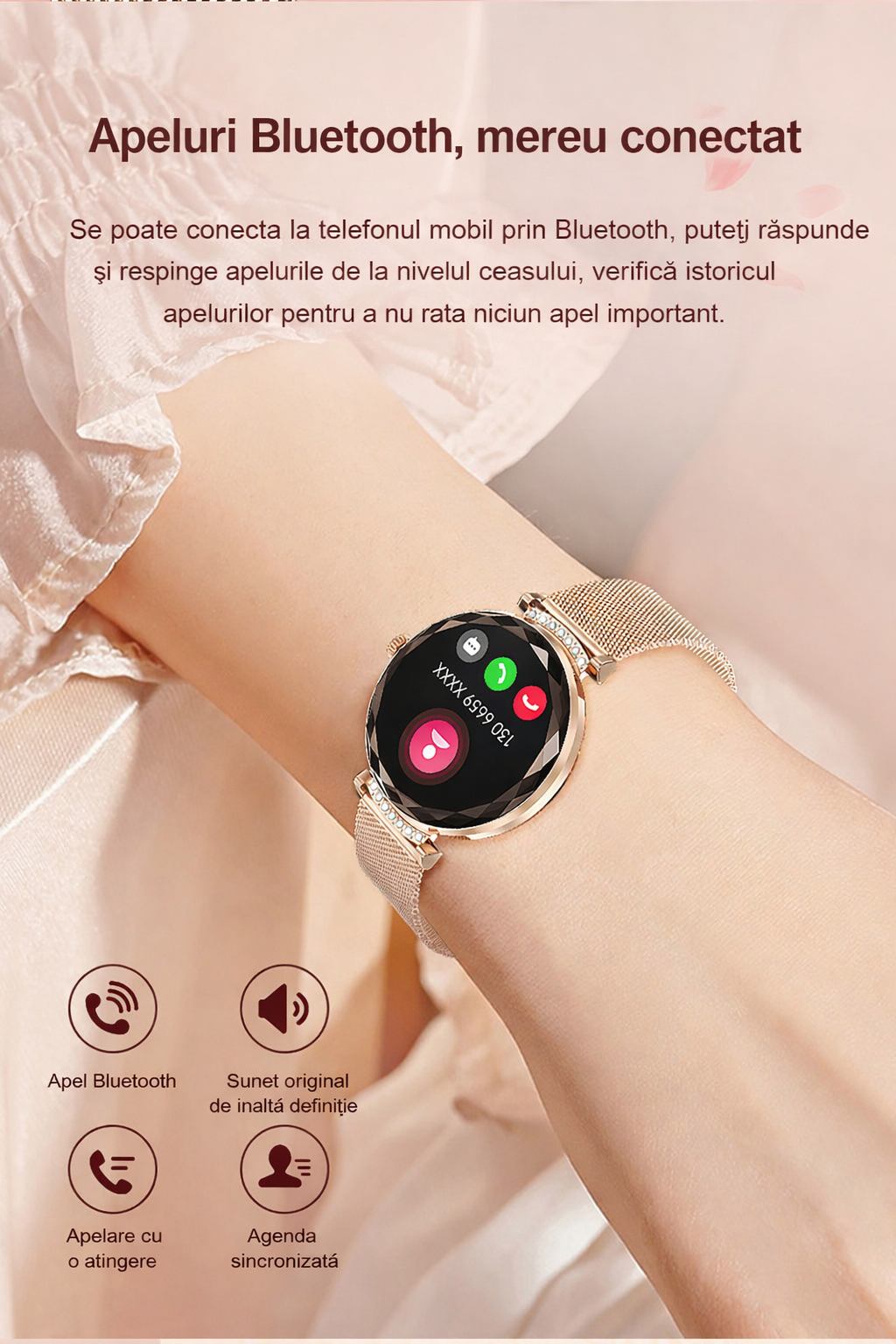 Smartwatch Dama GBV Logic S336,3 Curele Incluse, Ecran AMOLED 30mm, Monitorizare Puls, Somn,Oxigen, Fitness, Bluetooth,