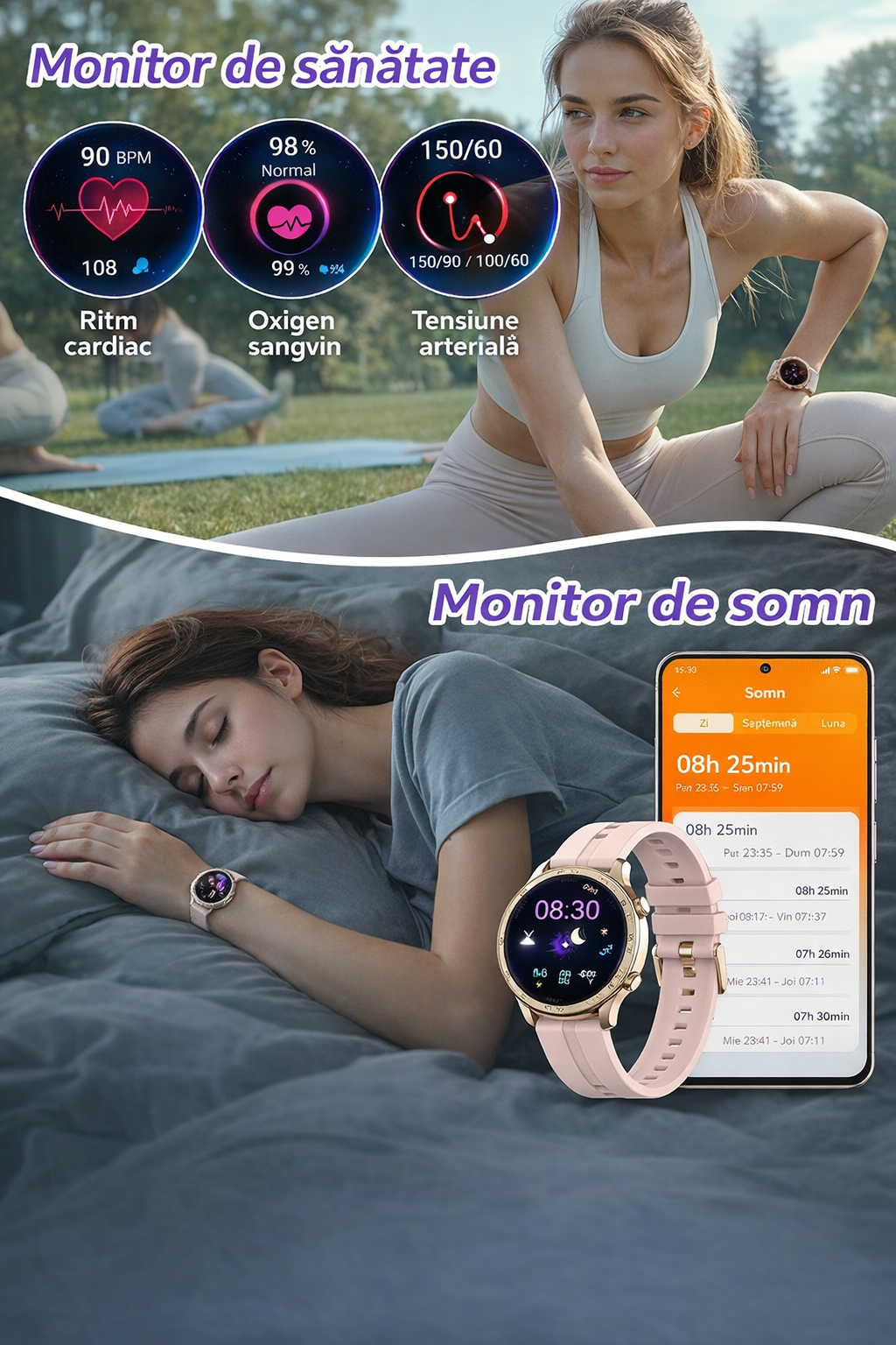 Smartwatch Dama GBV LOGIC AM20 Argintiu, Ecran AMOLED, Monitorizare Ritm Cardiac, Oxigen Sange, Tensiune Arteriala, Fitness Tracker, 3 Curele, Android & iPhone