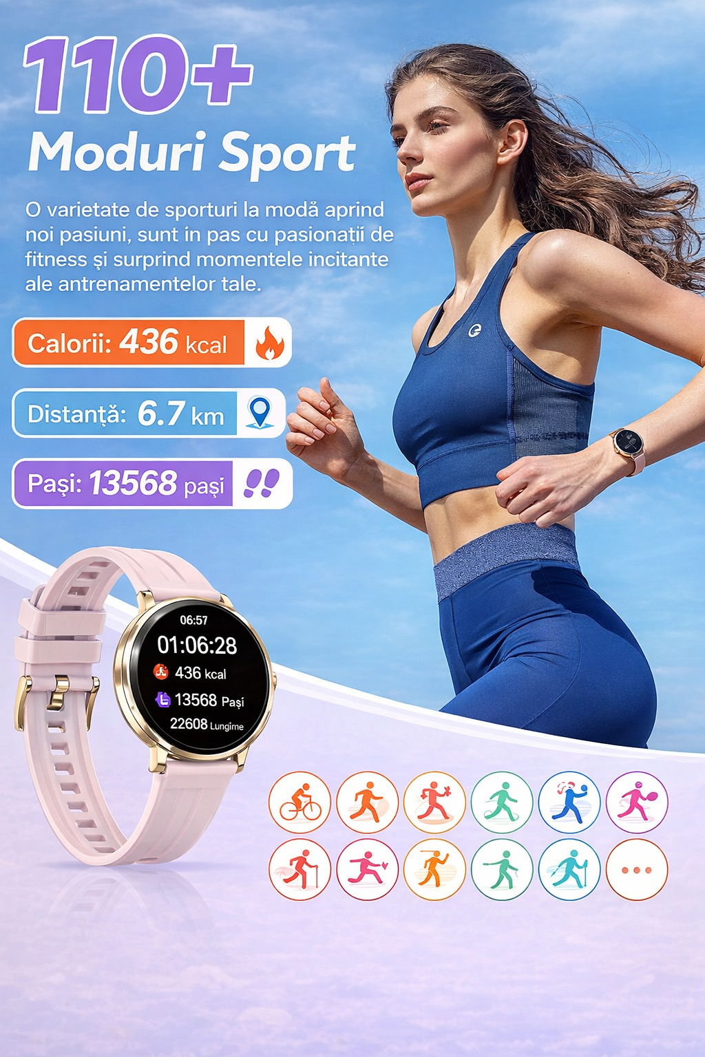 Smartwatch Dama GBV LOGIC AM20 Argintiu, Ecran AMOLED, Monitorizare Ritm Cardiac, Oxigen Sange, Tensiune Arteriala, Fitness Tracker, 3 Curele, Android & iPhone