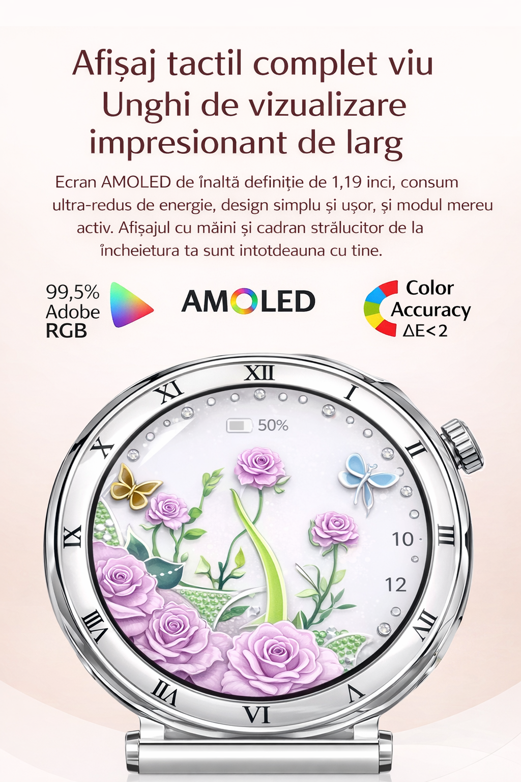 Smartwatch GBV LOGIC AM20, auriu, ecran AMOLED, rezolutie 390x390, moduri sportive, ecran de 30 mm, saturatie de oxigen, tensiune arteriala, calitatea somnului, 3 curele cu latime de 18mm, aplicatie FitCloudPro