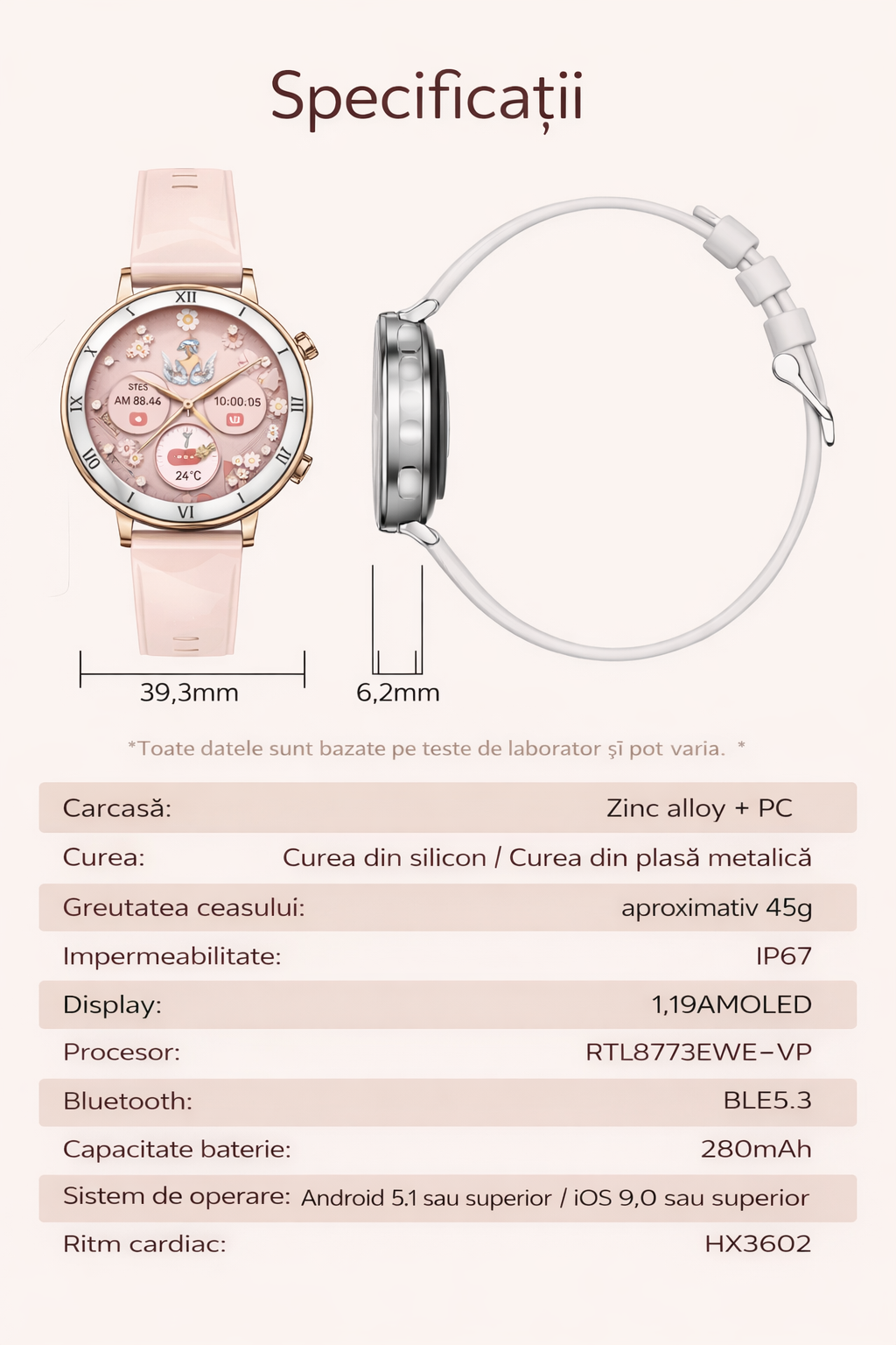 Smartwatch GBV LOGIC AM20, auriu, ecran AMOLED, rezolutie 390x390, moduri sportive, ecran de 30 mm, saturatie de oxigen, tensiune arteriala, calitatea somnului, 3 curele cu latime de 18mm, aplicatie FitCloudPro
