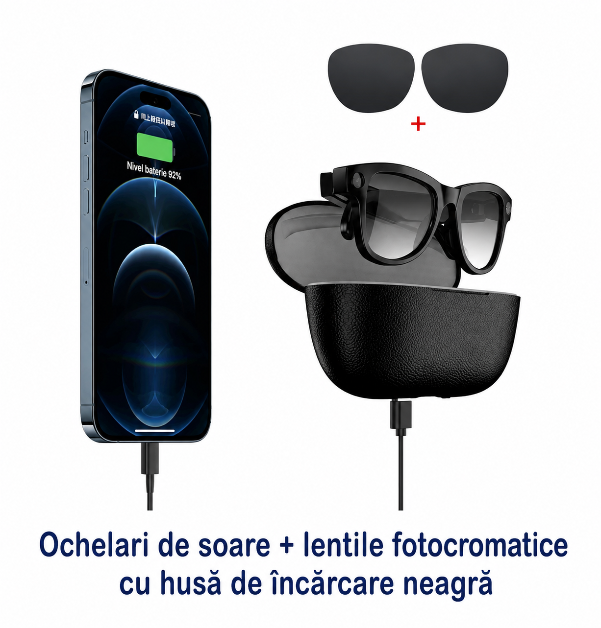 Ochelari Inteligenti AI GBV Logic GS 5MAX cu husa de incarcare, Camera Sony 8MP 4K HD, Traducere in Timp Real, Asistent AI, Apeluri Bluetooth 5.3, Microfon Dual, Lentile Fotocromatice, Husa Power Bank 3600mAh, IP54