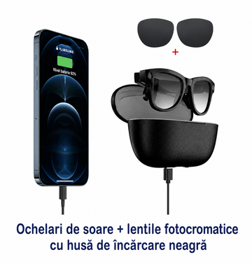 Ochelari Inteligenti AI GBV Logic GS 5MAX cu husa de incarcare, Camera Sony 8MP 4K HD, Traducere in Timp Real, Asistent AI, Apeluri Bluetooth 5.3, Microfon Dual, Lentile Fotocromatice, Husa Power Bank 3600mAh, IP54