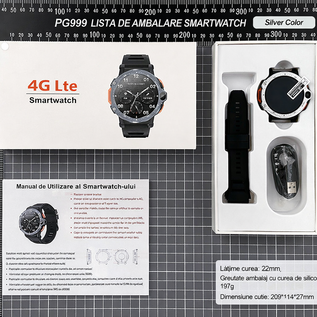 Smartwatch cu SIM și cameră foto GBV LOGIC PG999 2MP+8MP, sistem de operare android, display 1, 54 inch(39 mm), baterie 800 mAh, monitorizare ritm cardiac, moduri sport, tensiometru, memorie 16gb