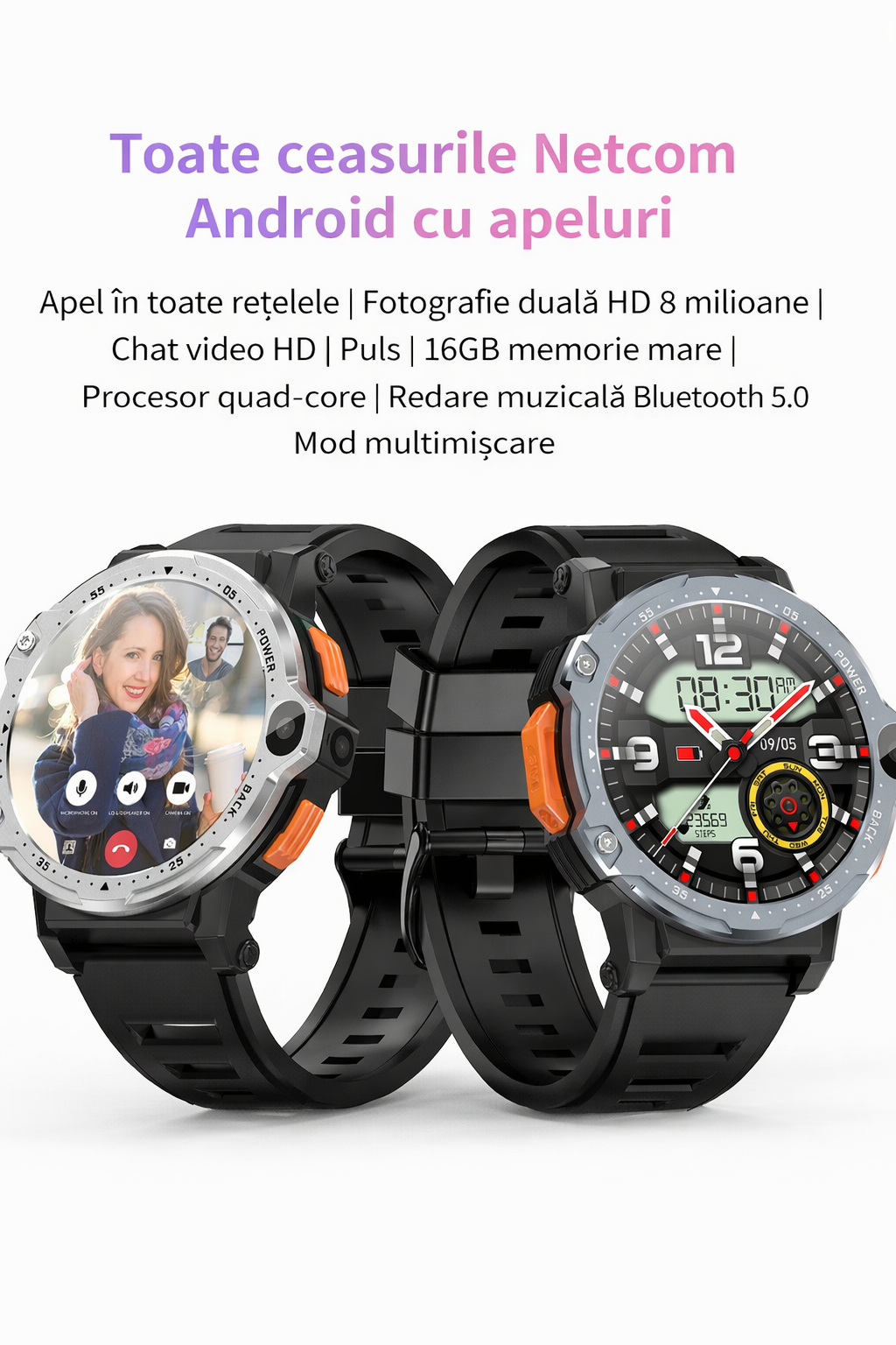 Smartwatch cu SIM și cameră foto GBV LOGIC PG999 2MP+8MP, sistem de operare android, display 1, 54 inch(39 mm), baterie 800 mAh, monitorizare ritm cardiac, moduri sport, tensiometru, memorie 16gb