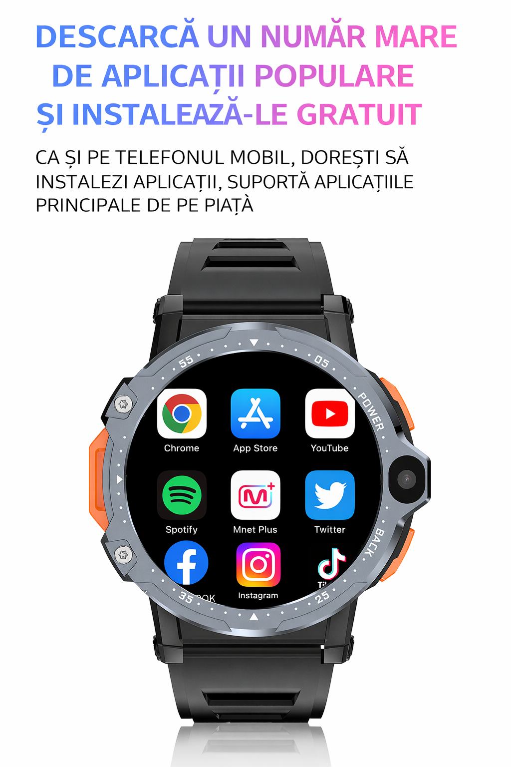 Smartwatch cu SIM și cameră foto GBV LOGIC PG999 2MP+8MP, sistem de operare android, display 1, 54 inch(39 mm), baterie 800 mAh, monitorizare ritm cardiac, moduri sport, tensiometru, memorie 16gb