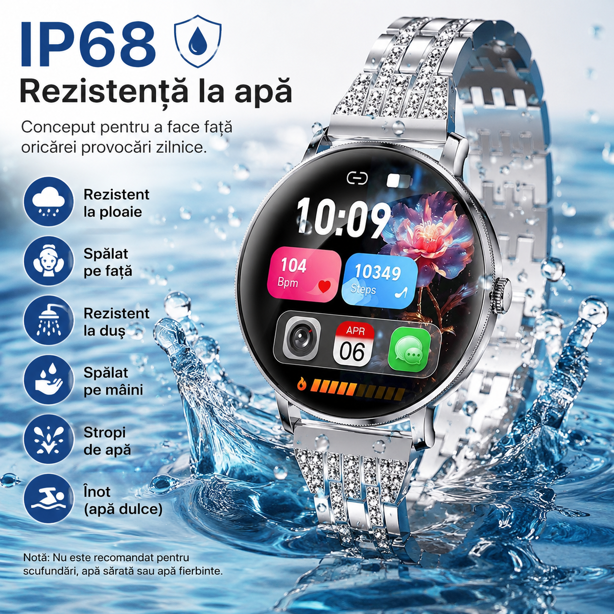 Smartwatch Damă GBV LOGIC AK107 – Ecran AMOLED 1.19" (30,22 mm), Apel Bluetooth 5.4, AI, Monitorizare Sănătate, IP68, Curea Metalică Elegantă cu Diamante + Curea Silicon Cadou