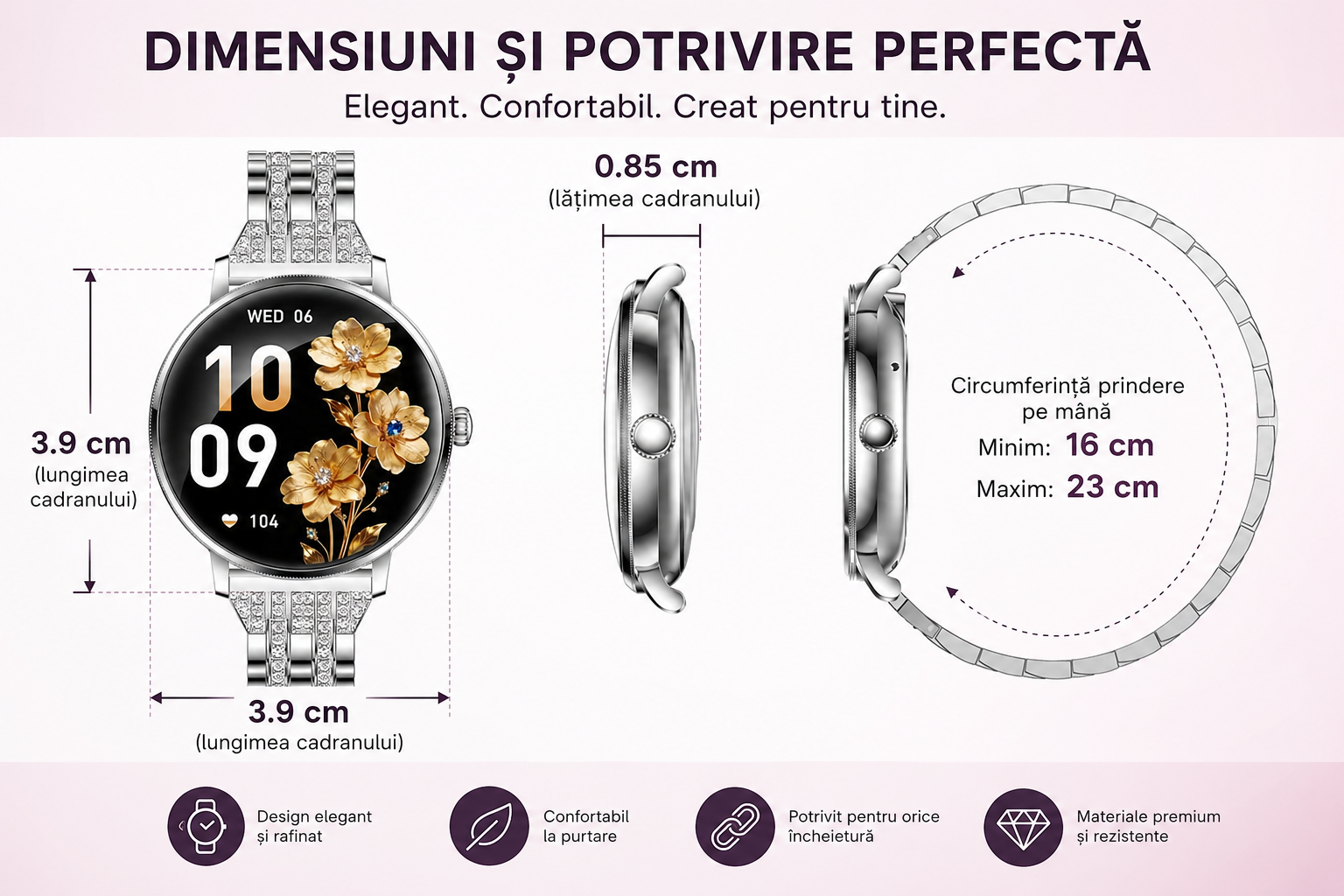 Smartwatch Damă GBV LOGIC AK107 – Ecran AMOLED 1.19" (30,22 mm), Apel Bluetooth 5.4, AI, Monitorizare Sănătate, IP68, Curea Metalică Elegantă cu Diamante + Curea Silicon Cadou