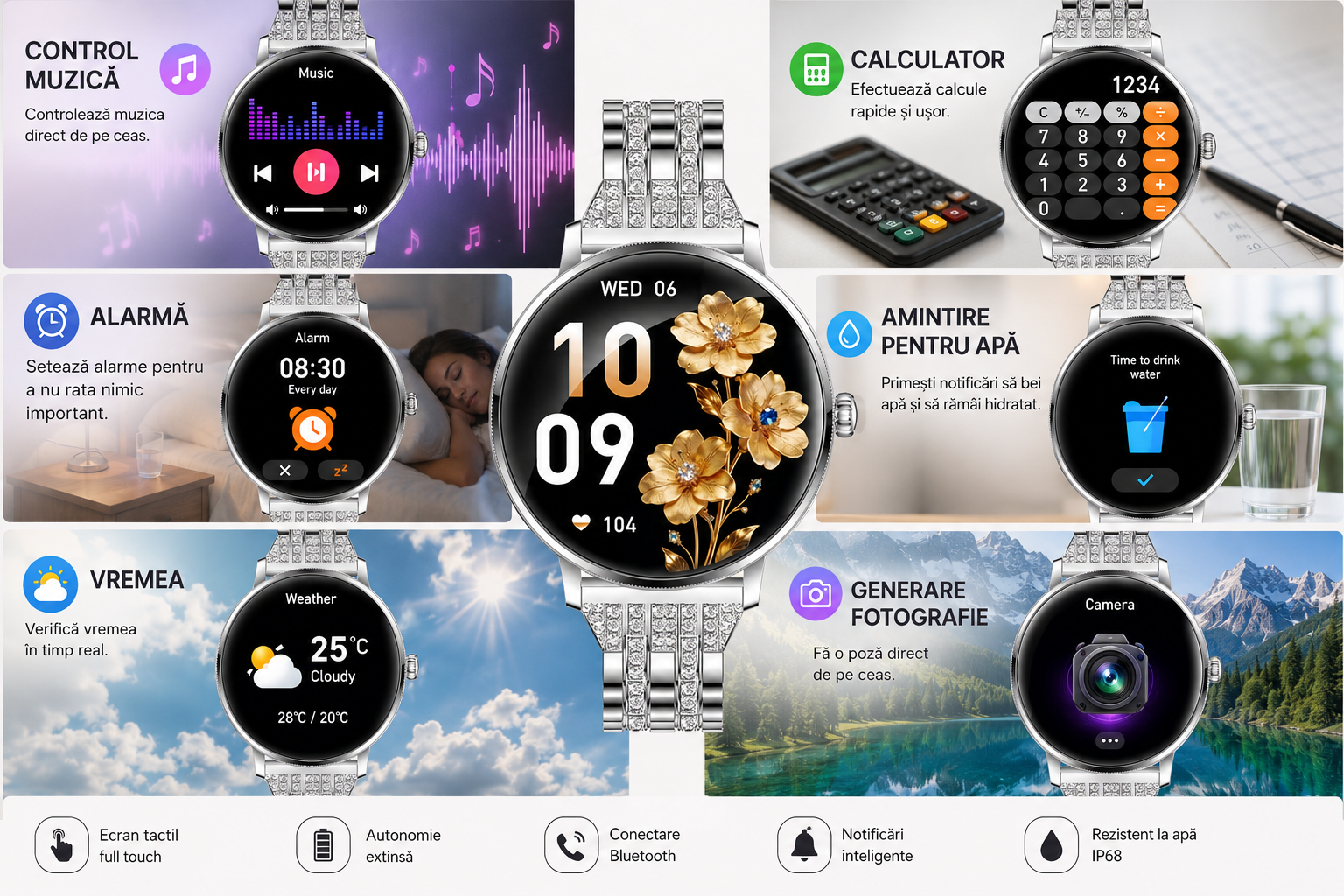 Smartwatch Damă GBV LOGIC AK107 – Ecran AMOLED 1.19" (30,22 mm), Apel Bluetooth 5.4, AI, Monitorizare Sănătate, IP68, Curea Metalică Elegantă cu Diamante + Curea Silicon Cadou