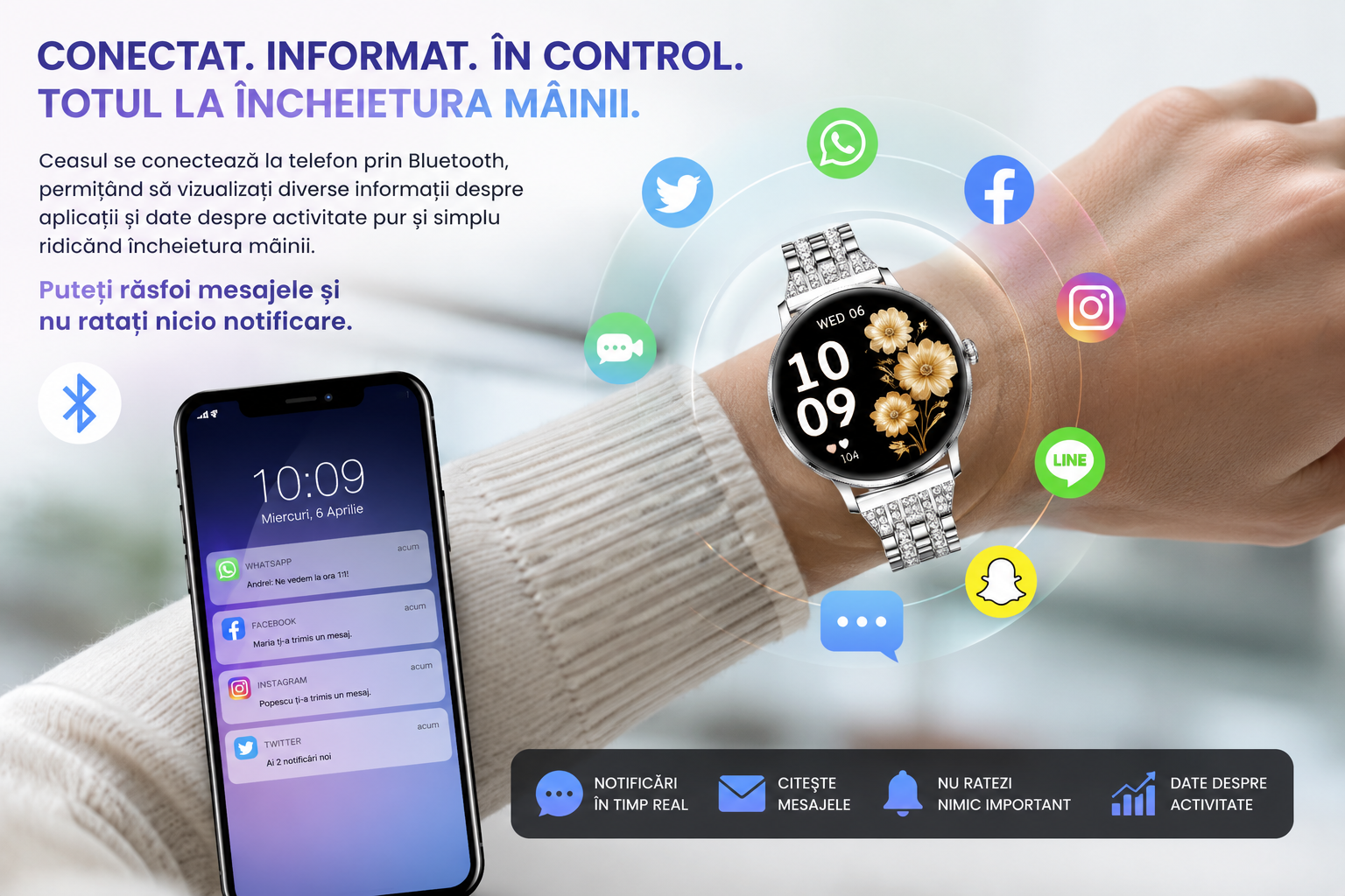 Smartwatch Damă GBV LOGIC AK107 – Ecran AMOLED 1.19" (30,22 mm), Apel Bluetooth 5.4, AI, Monitorizare Sănătate, IP68, Curea Metalică Elegantă cu Diamante + Curea Silicon Cadou