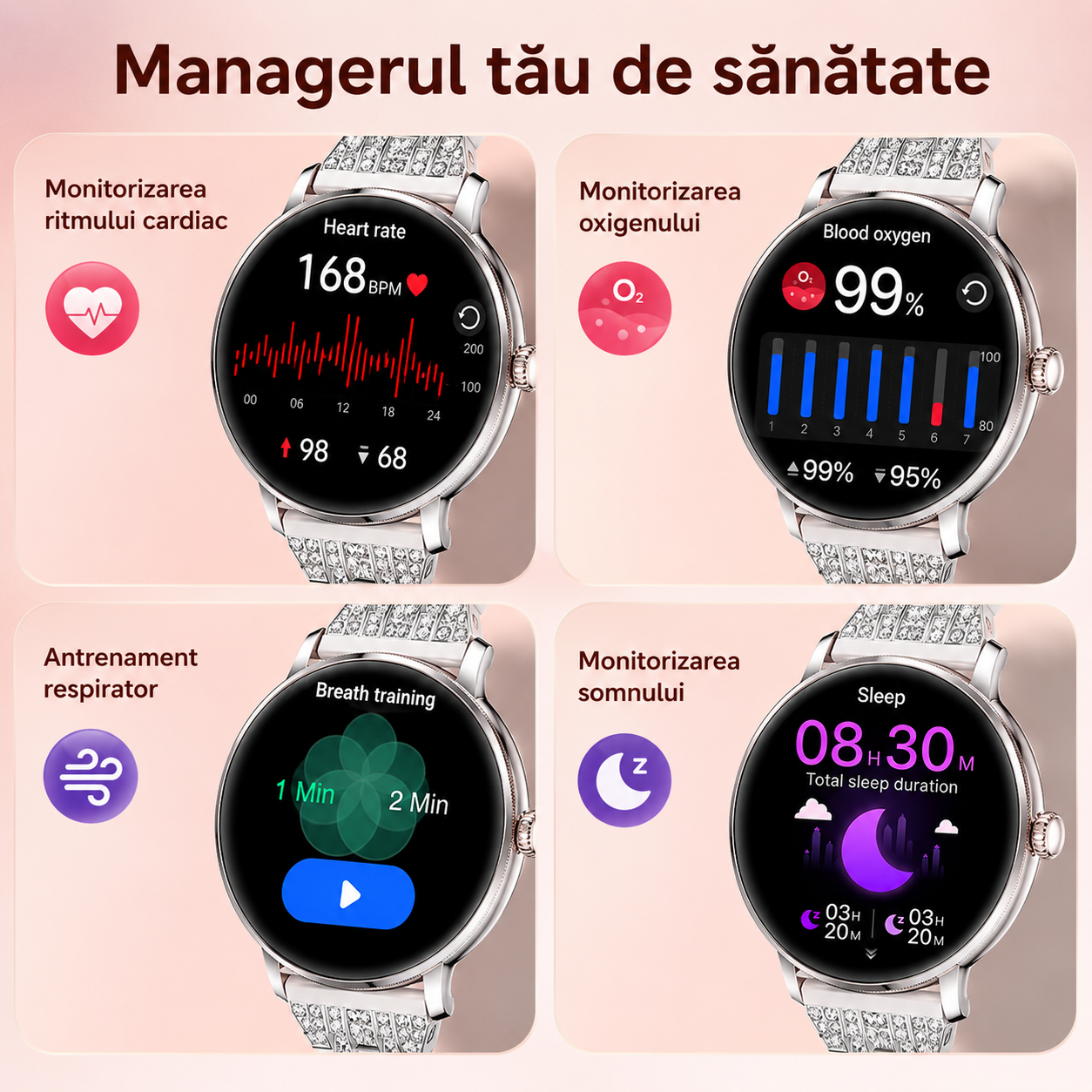 Smartwatch Damă GBV LOGIC AK107 – Ecran AMOLED 1.19" (30,22 mm), Apel Bluetooth 5.4, AI, Monitorizare Sănătate, IP68, Curea Metalică Elegantă cu Diamante + Curea Silicon Cadou