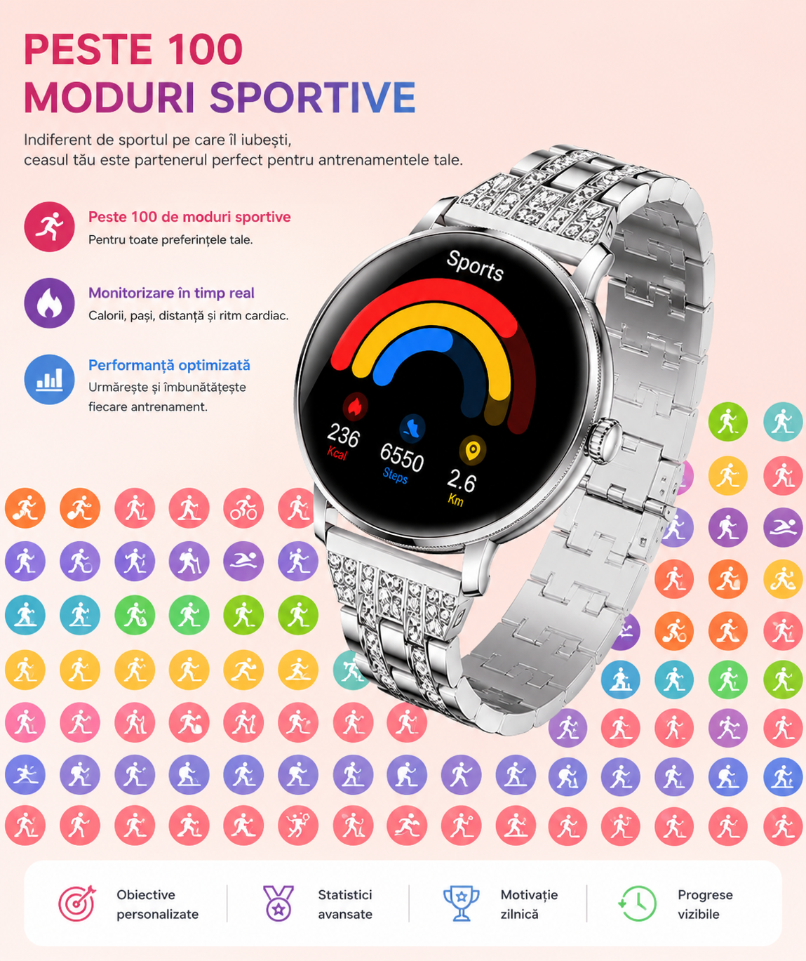 Smartwatch Damă GBV LOGIC AK107 – Ecran AMOLED 1.19" (30,22 mm), Apel Bluetooth 5.4, AI, Monitorizare Sănătate, IP68, Curea Metalică Elegantă cu Diamante + Curea Silicon Cadou