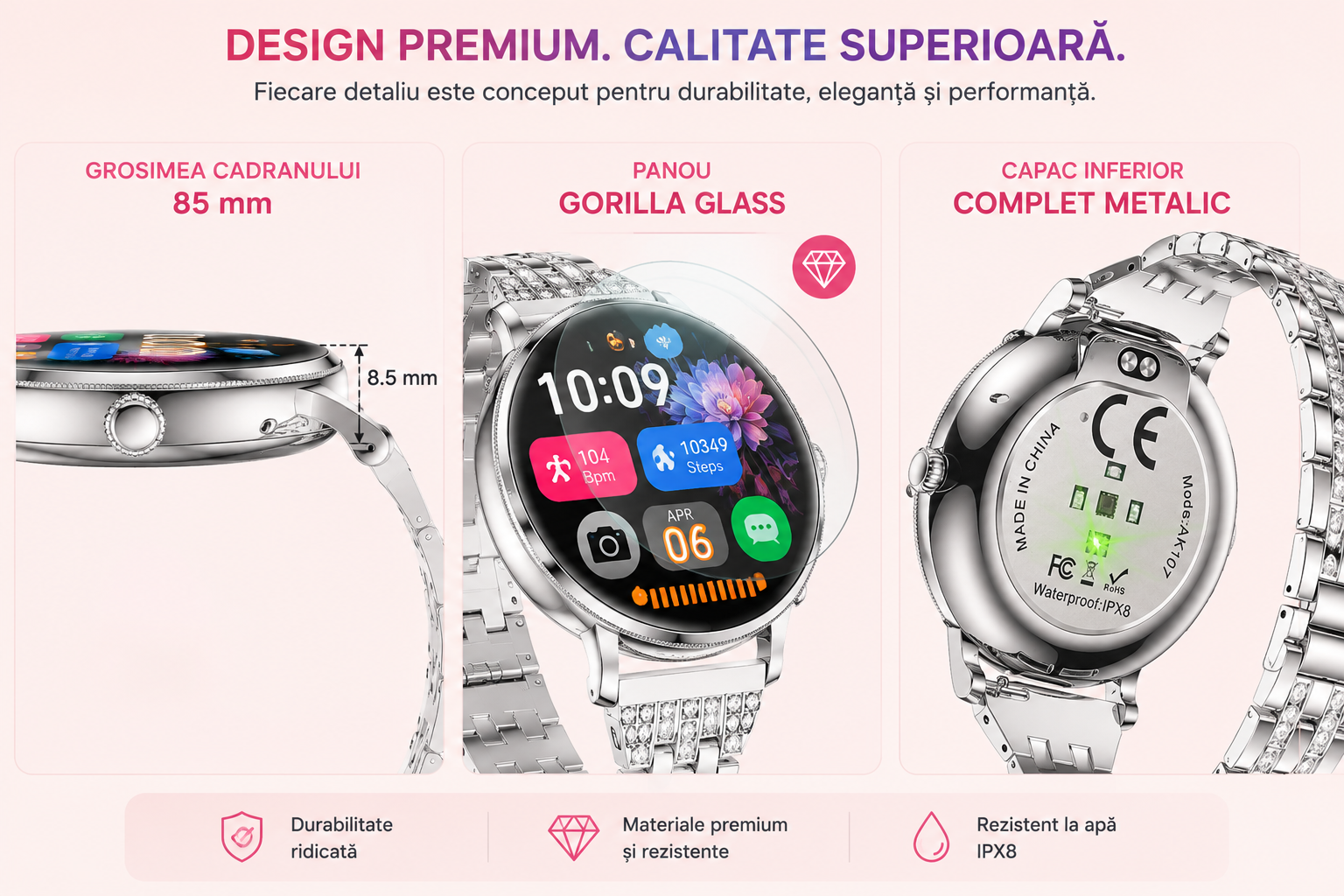 Smartwatch Damă GBV LOGIC AK107 – Ecran AMOLED 1.19" (30,22 mm), Apel Bluetooth 5.4, AI, Monitorizare Sănătate, IP68, Curea Metalică Elegantă cu Diamante + Curea Silicon Cadou