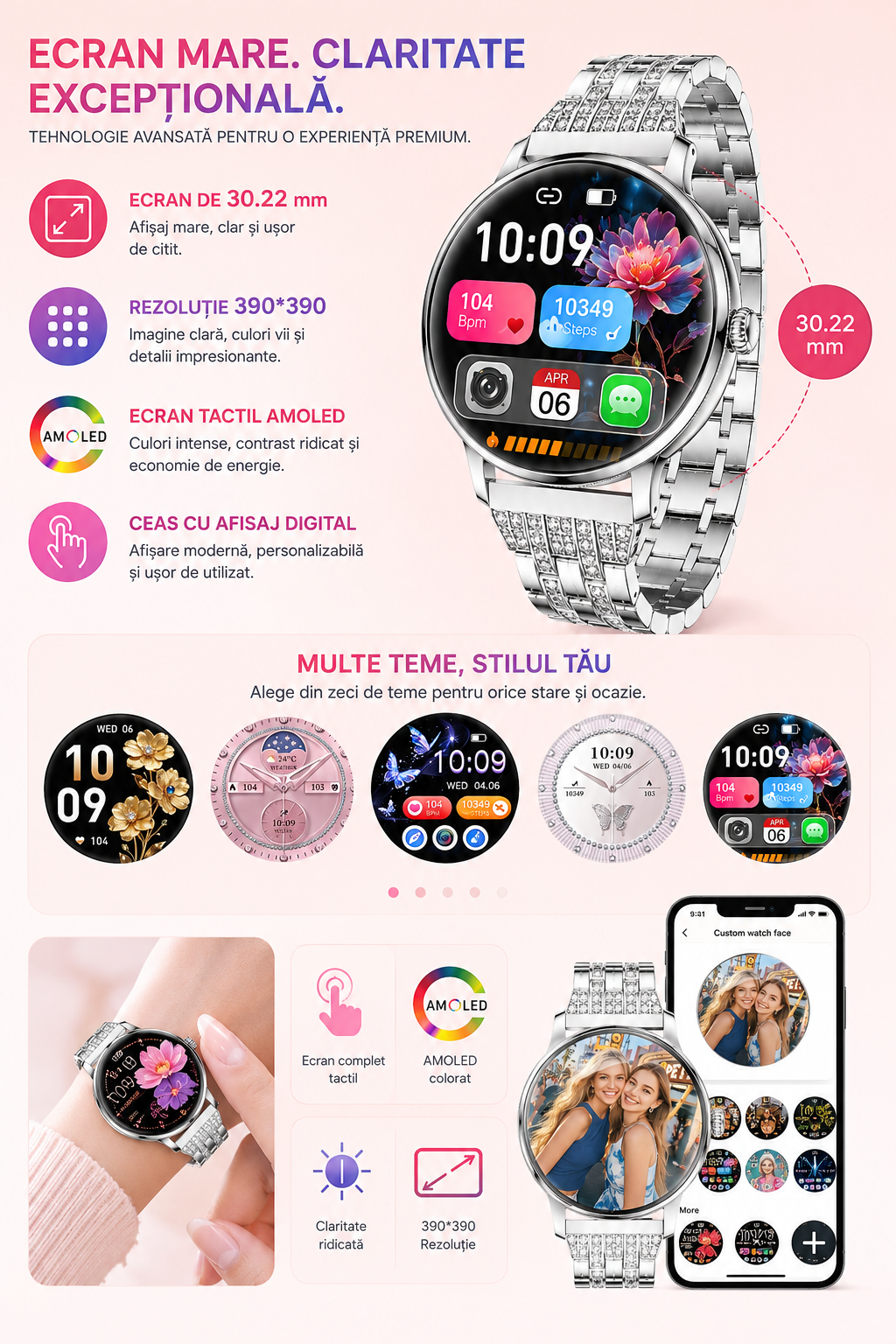 Smartwatch Damă GBV LOGIC AK107 – Ecran AMOLED 1.19" (30,22 mm), Apel Bluetooth 5.4, AI, Monitorizare Sănătate, IP68, Curea Metalică Elegantă cu Diamante + Curea Silicon Cadou