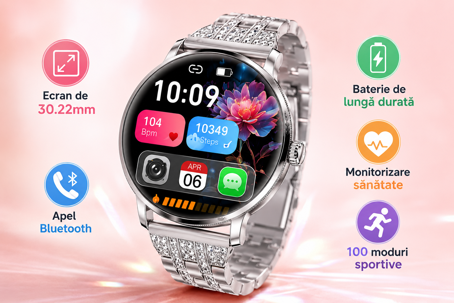 Smartwatch Damă GBV LOGIC AK107 – Ecran AMOLED 1.19" (30,22 mm), Apel Bluetooth 5.4, AI, Monitorizare Sănătate, IP68, Curea Metalică Elegantă cu Diamante + Curea Silicon Cadou