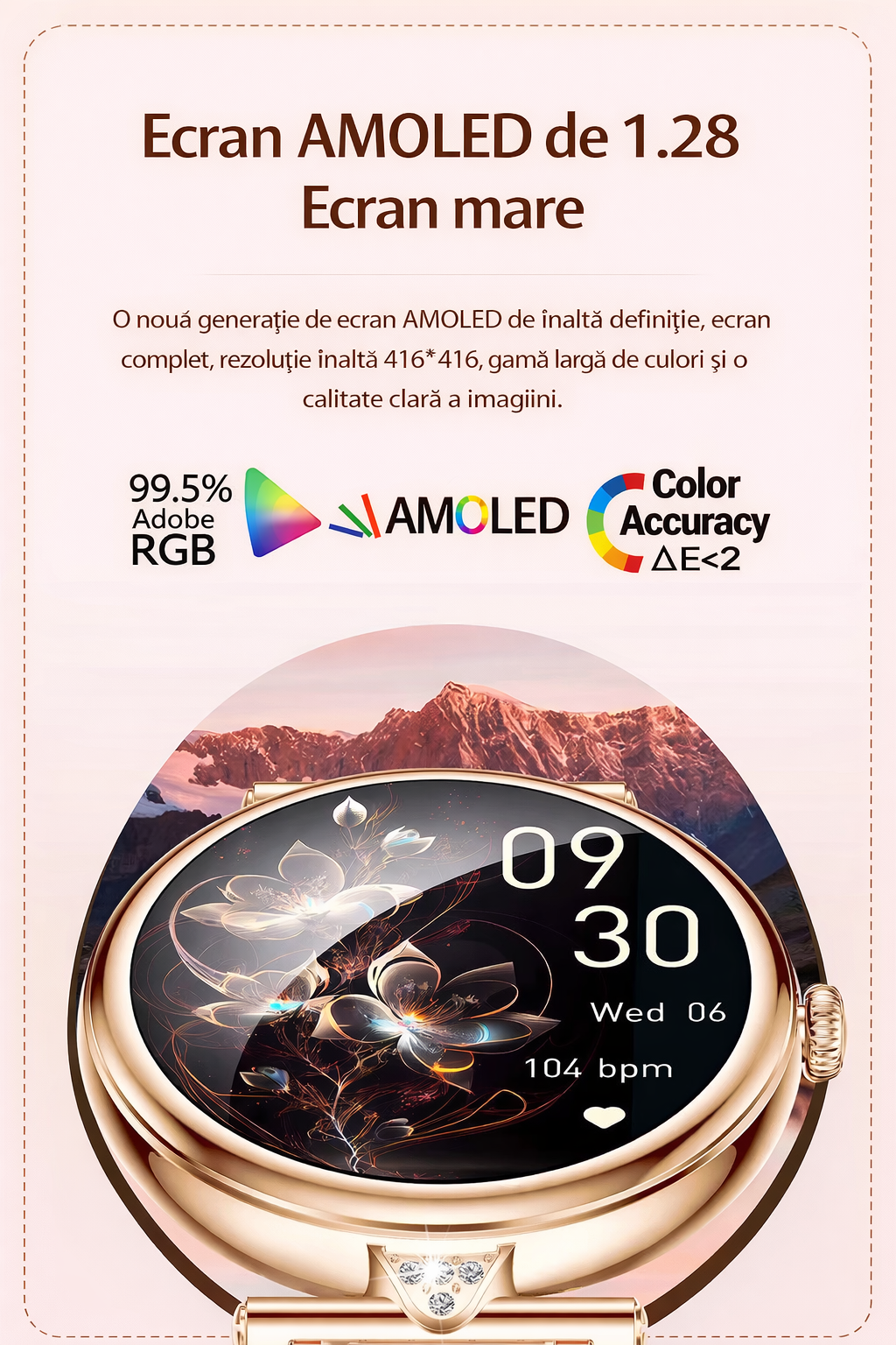 Smartwatch dama GBV Logic AK73, argintiu, ecran AMOLED 1.28 inch (32mm), Monitorizare puls, Oxigen Sange, Somn, 2 Curele