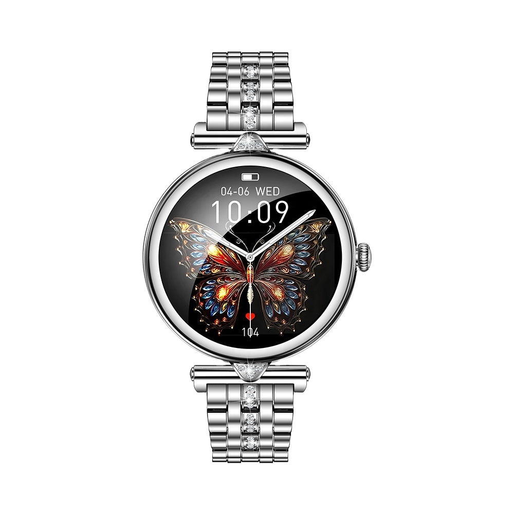 Smartwatch dama GBV Logic AK73, argintiu, ecran AMOLED 1.28 inch (32mm), Monitorizare puls, Oxigen Sange, Somn, 2 Curele
