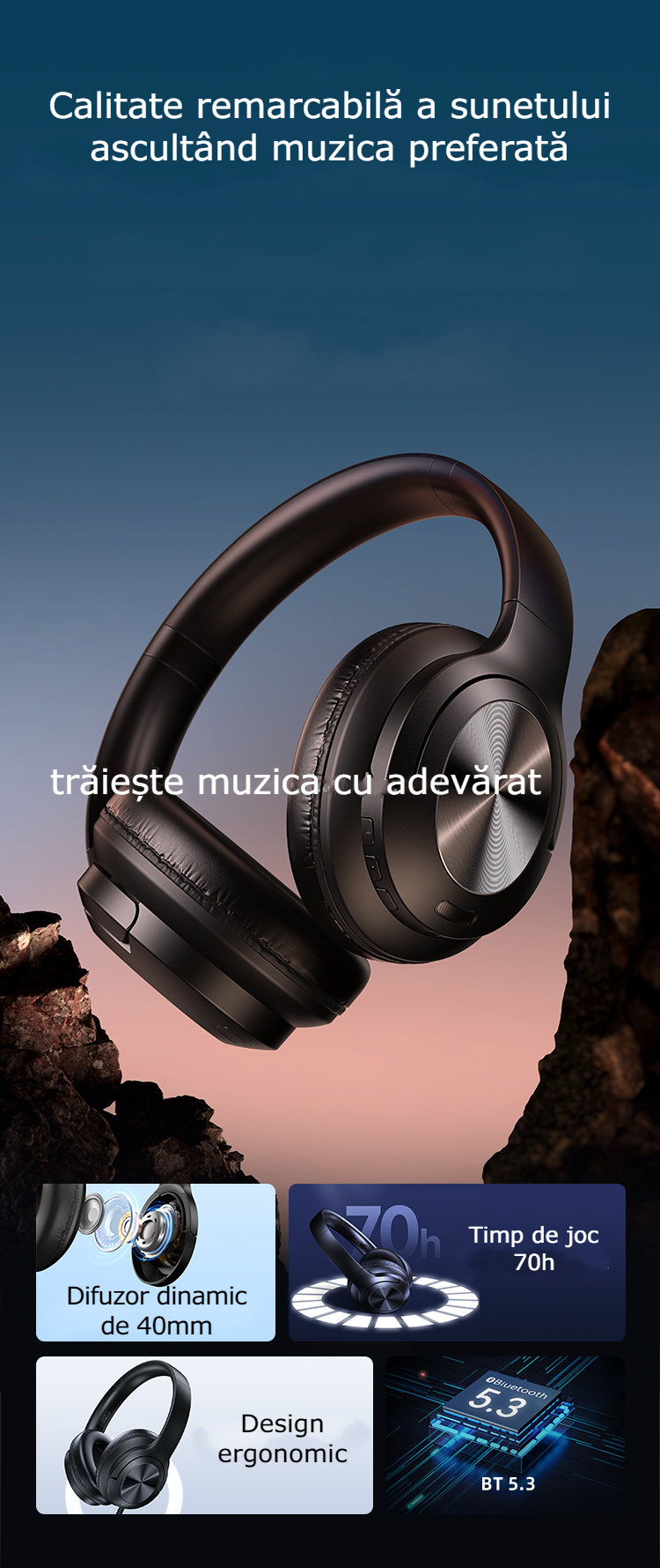 Căști Bluetooth Wireless On-Ear GBV Logic YH21 Negre, Anulare Zgomot Exterior(Noise Cancelling), Autonomie 70 Ore, Bluetooth 5.3, Bass Puternic, Microfon HD, Pliabile, Android & iPhone