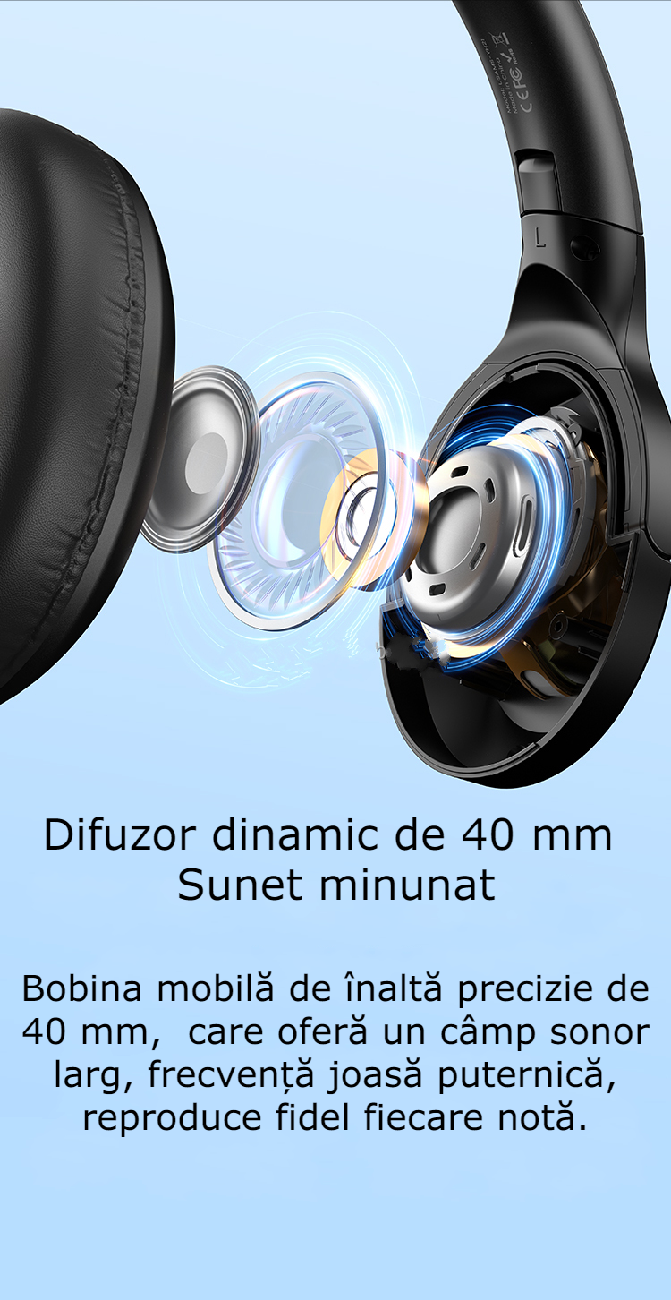 Căști Bluetooth Wireless On-Ear GBV Logic YH21 Negre, Anulare Zgomot Exterior(Noise Cancelling), Autonomie 70 Ore, Bluetooth 5.3, Bass Puternic, Microfon HD, Pliabile, Android & iPhone
