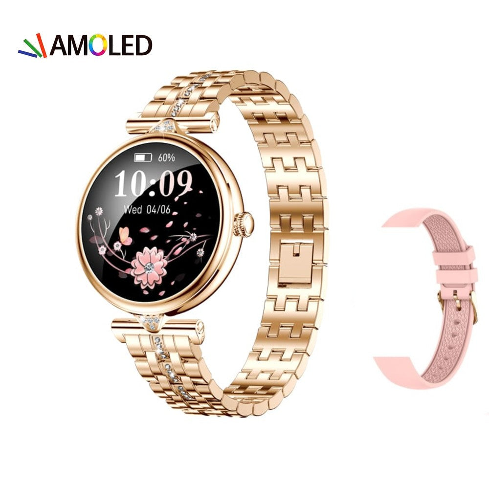 Smartwatch Dama GBV Logic AK73 Auriu, AMOLED 1.28 Inch, Apel Bluetooth, Monitorizare Puls, Oxigen Sange, Somn, IP68, 2 Curele, Android & iPhone