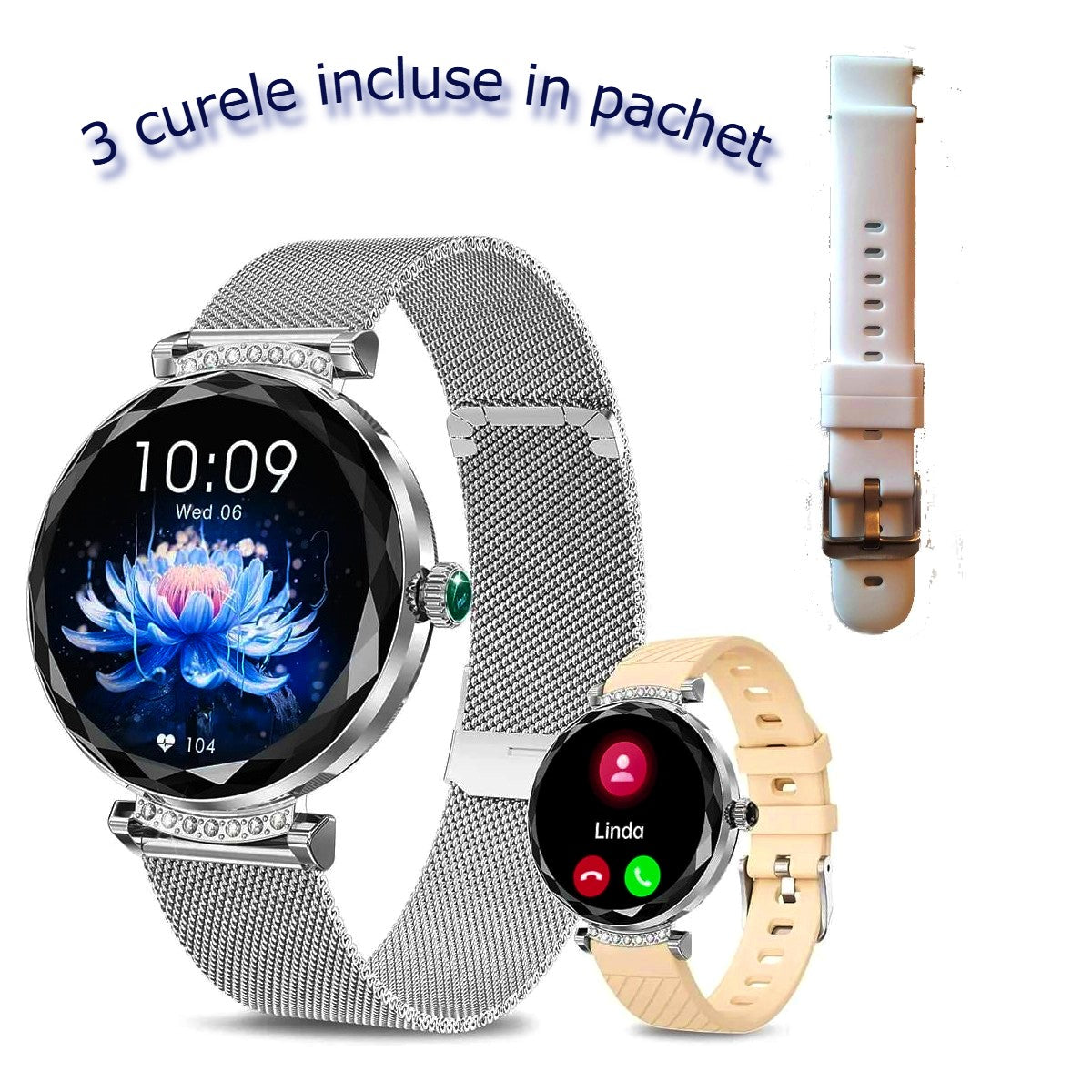Smartwatch Dama GBV Logic S336,3 Curele Incluse, Ecran AMOLED 30mm, Monitorizare Puls, Somn,Oxigen, Fitness, Bluetooth,