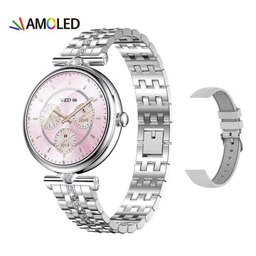 Smartwatch dama GBV Logic AK73, argintiu, ecran AMOLED 1.28 inch (32mm), Monitorizare puls, Oxigen Sange, Somn, 2 Curele