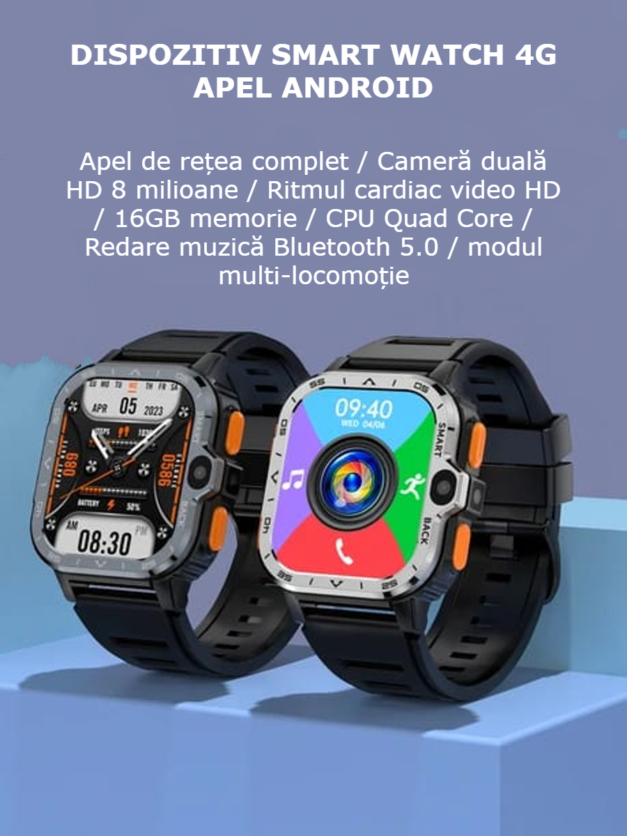 Smartwatch Android 4G cu SIM GBV Logic, Apel Video, Camera Duala 2MP+8MP, GPS, WiFi, 16GB Memorie, Baterie 800mAh
