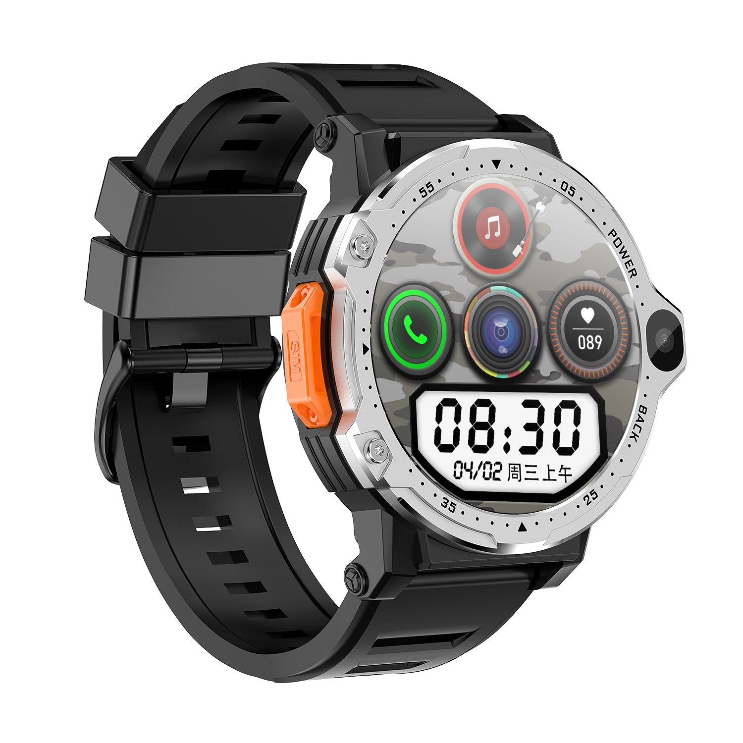 Smartwatch cu SIM și cameră foto GBV LOGIC PG999 2MP+8MP, sistem de operare android, display 1, 54 inch(39 mm), baterie 800 mAh, monitorizare ritm cardiac, moduri sport, tensiometru, memorie 16gb