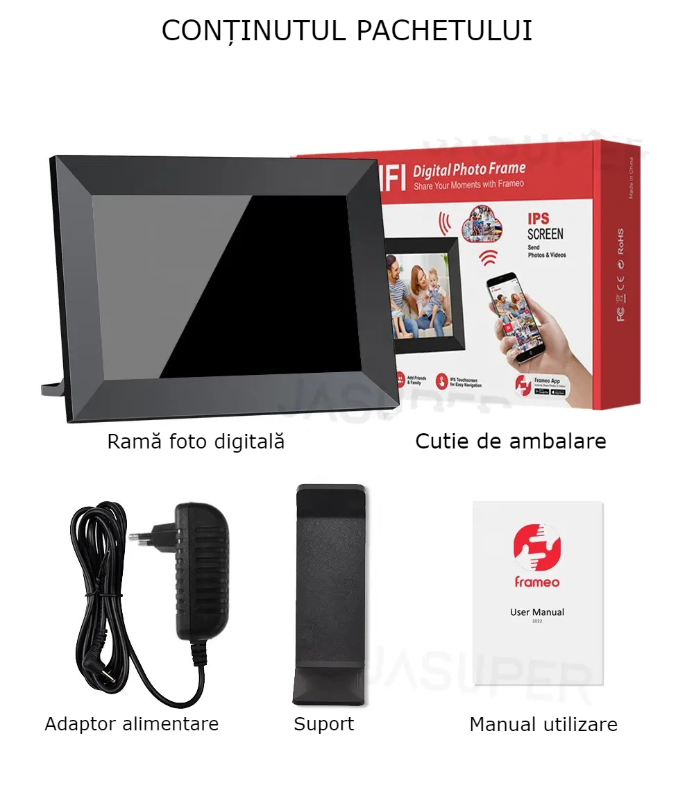 Rama Foto Digitala WiFi GBV LOGIC Neagră, Aplicatie Frameo, Ecran Tactil IPS HD 10.1 Inch (25,65 cm), Memorie 32GB, Redare Video, 2 Difuzoare