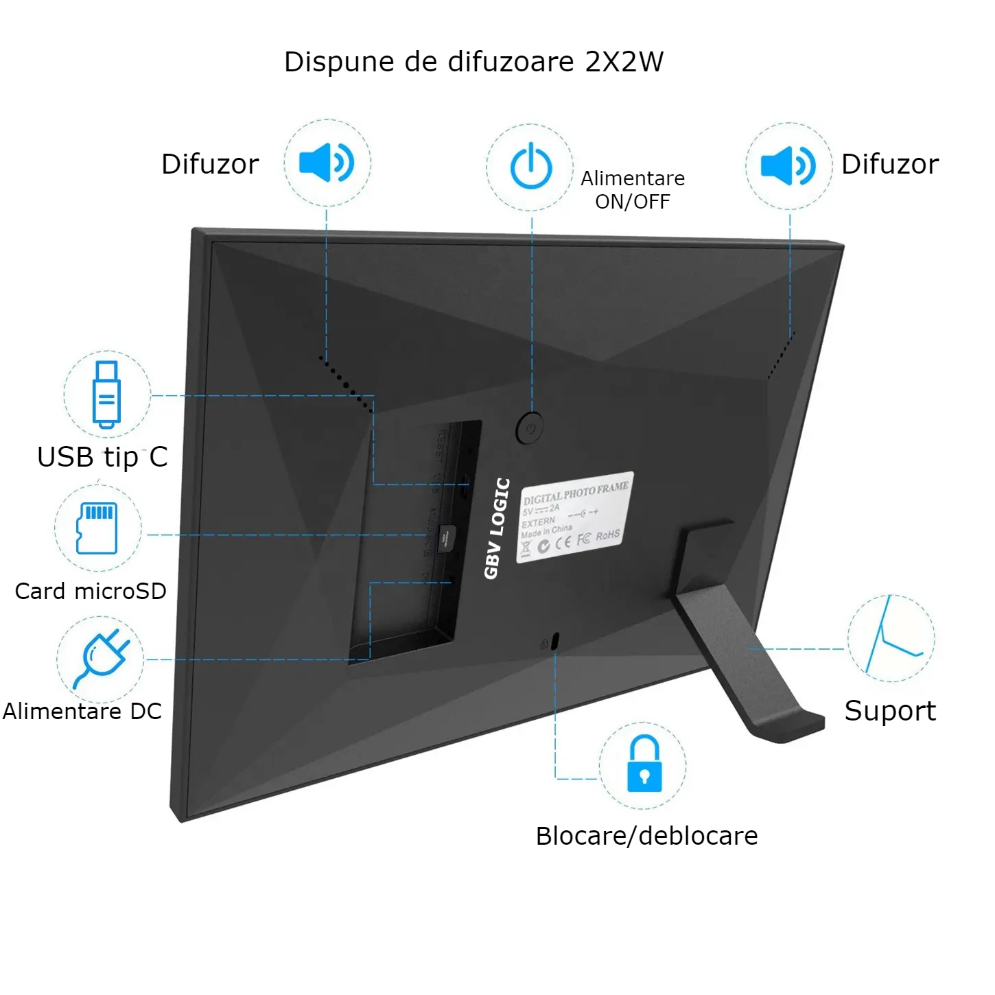 Rama Foto Digitala WiFi GBV LOGIC Alba, Aplicatie Frameo, Ecran Tactil IPS HD 10.1 Inch (25,65 cm), Memorie 32GB, Redare Video, 2 Difuzoare