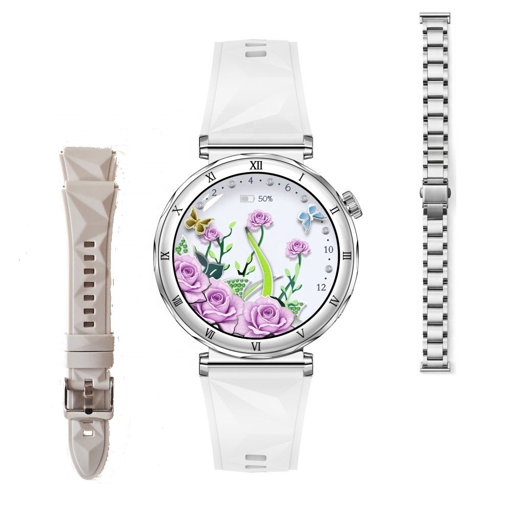 Smartwatch Dama GBV LOGIC AM20 Argintiu, Ecran AMOLED, Monitorizare Ritm Cardiac, Oxigen Sange, Tensiune Arteriala, Fitness Tracker, 3 Curele, Android & iPhone