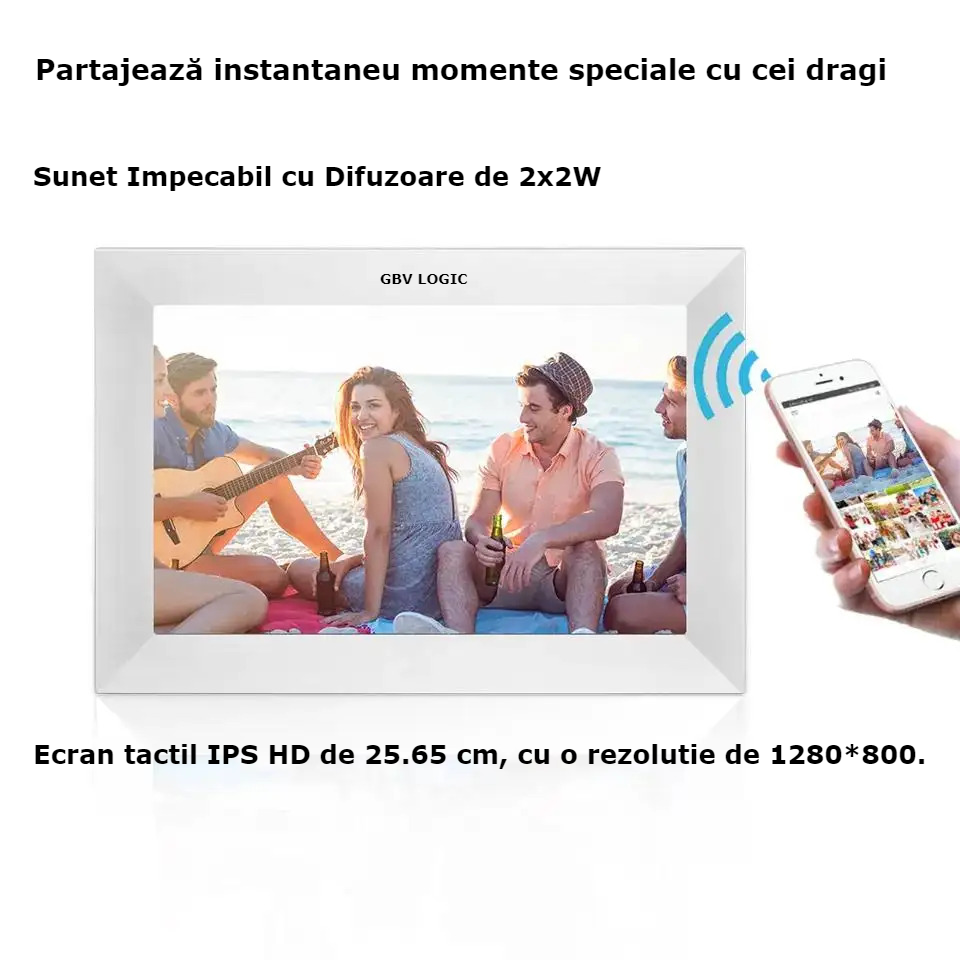 Rama Foto Digitala WiFi GBV LOGIC Alba, Aplicatie Frameo, Ecran Tactil IPS HD 10.1 Inch (25,65 cm), Memorie 32GB, Redare Video, 2 Difuzoare