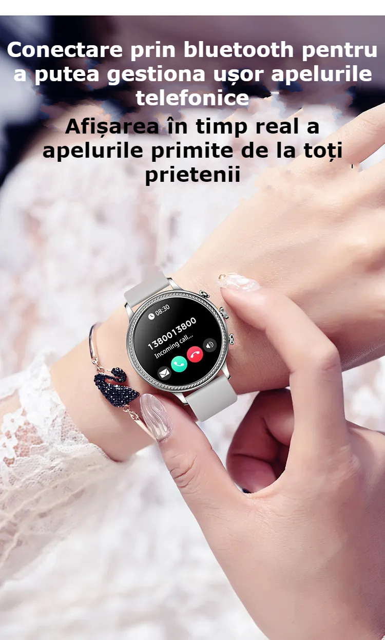 Ceas smartwatch dama GBV LOGIC SW20, argintiu, ecran rotund, rezolutie 360*360, conectare aplicatie, bluetooth, monitorizare somn, monitorizare fitness, ritm cardiac, saturatie de oxigen, notificari retele sociale