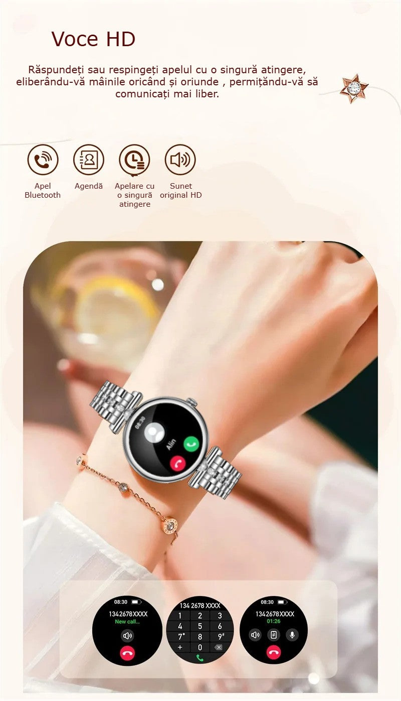 Smartwatch dama GBV Logic AK73, argintiu, ecran AMOLED 1.28 inch (32mm), Monitorizare puls, Oxigen Sange, Somn, 2 Curele