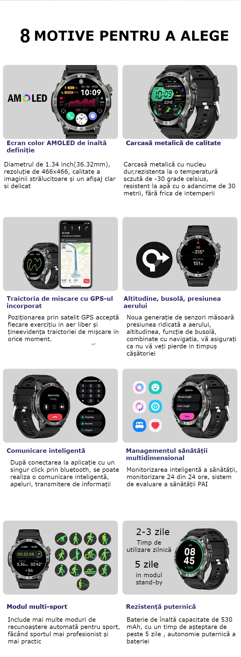 Smartwatch AMOLED GBV LOGIC VG40, Apel Bluetooth, Ritm Cardiac, Oxigen Sange, Monitorizare Somn, Fitness Tracker, Moduri Sportive, Android & iPhone